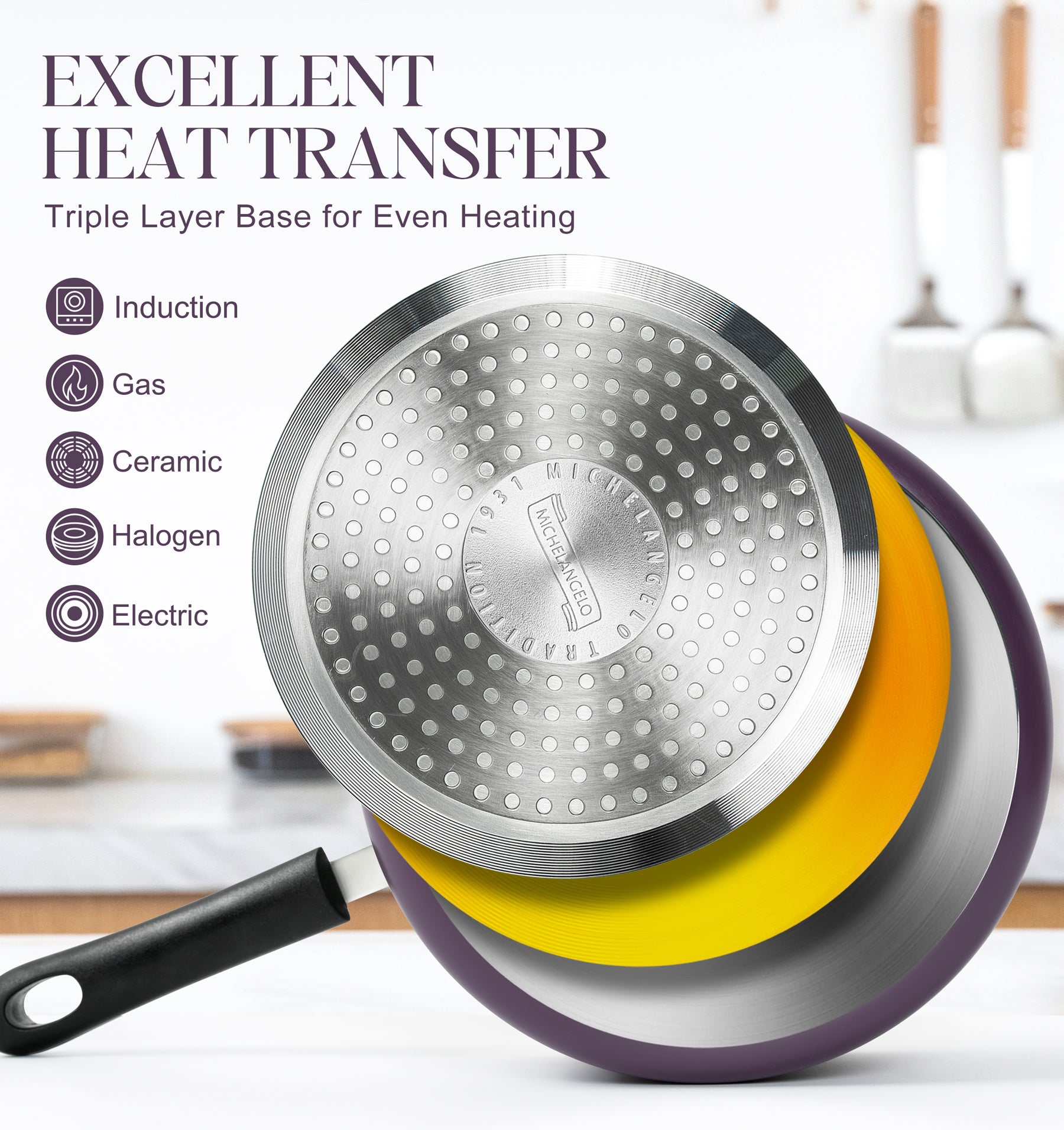 MICHELANGELO Nonstick Sauce Pan with Lid, Ceramic Saucepan Set- 1Qt & 2Qt & 3Qt, Purple