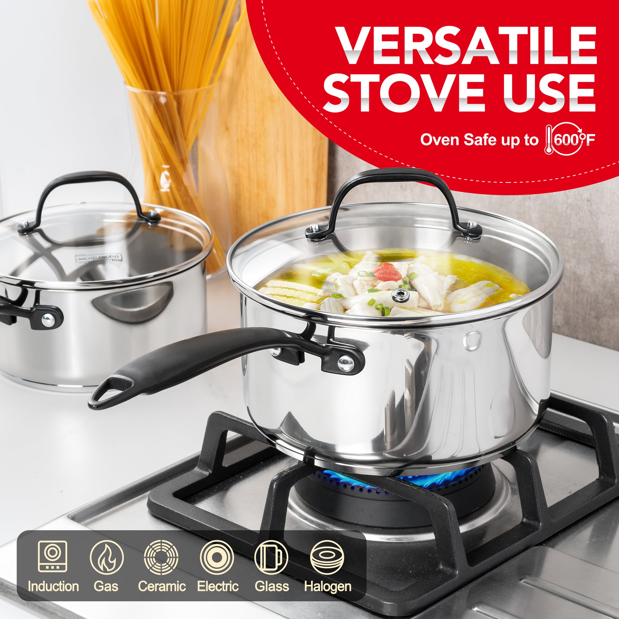 MICHELANGELO Tri-Ply Stainless Steel Saucepan with Lid,  Multipurpose Sauce Pots Set 6 Pcs