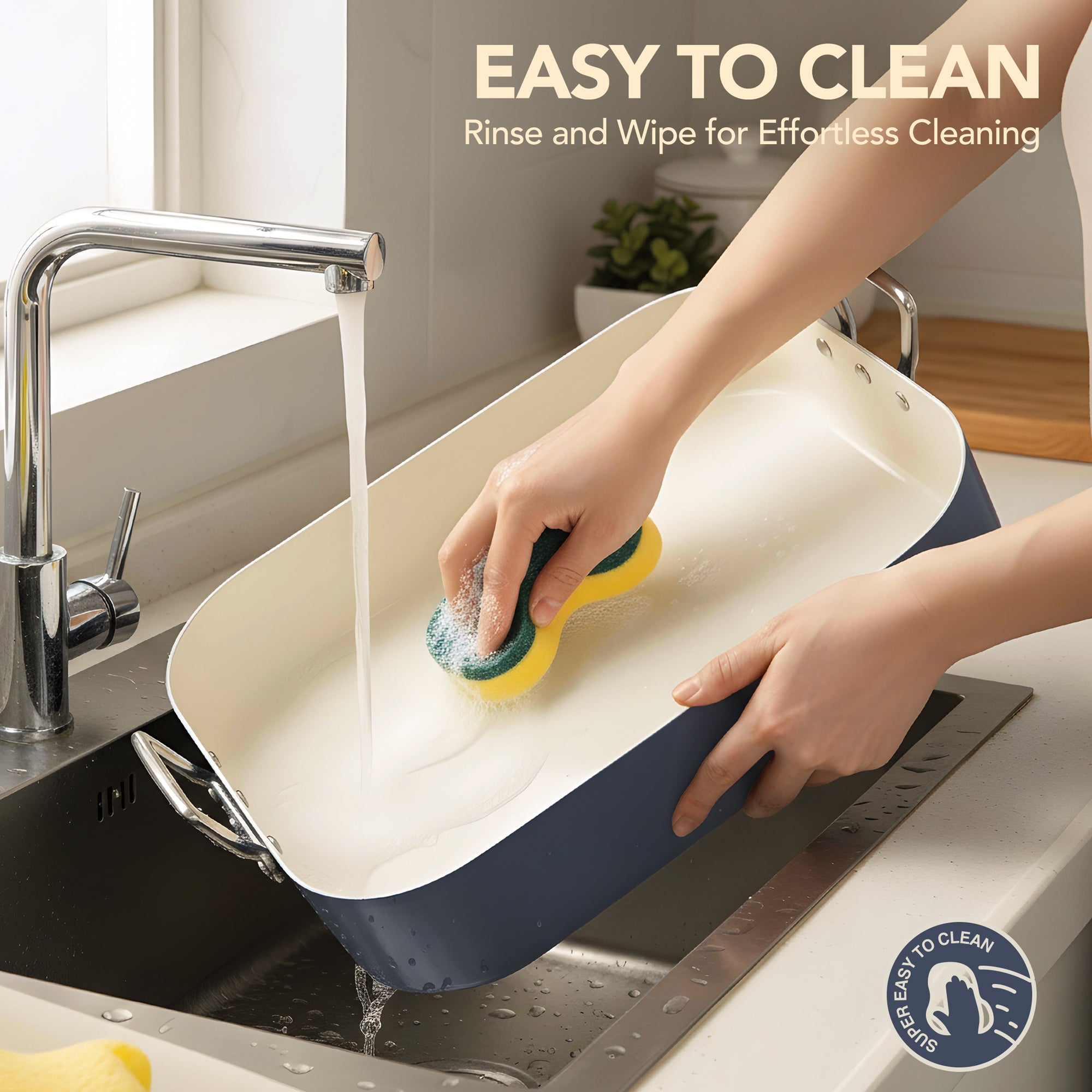 MICHELANGELO Nonstick Ceramic Roasting Pan with Rack，15 Inch x 13 Inch - Haze Blue