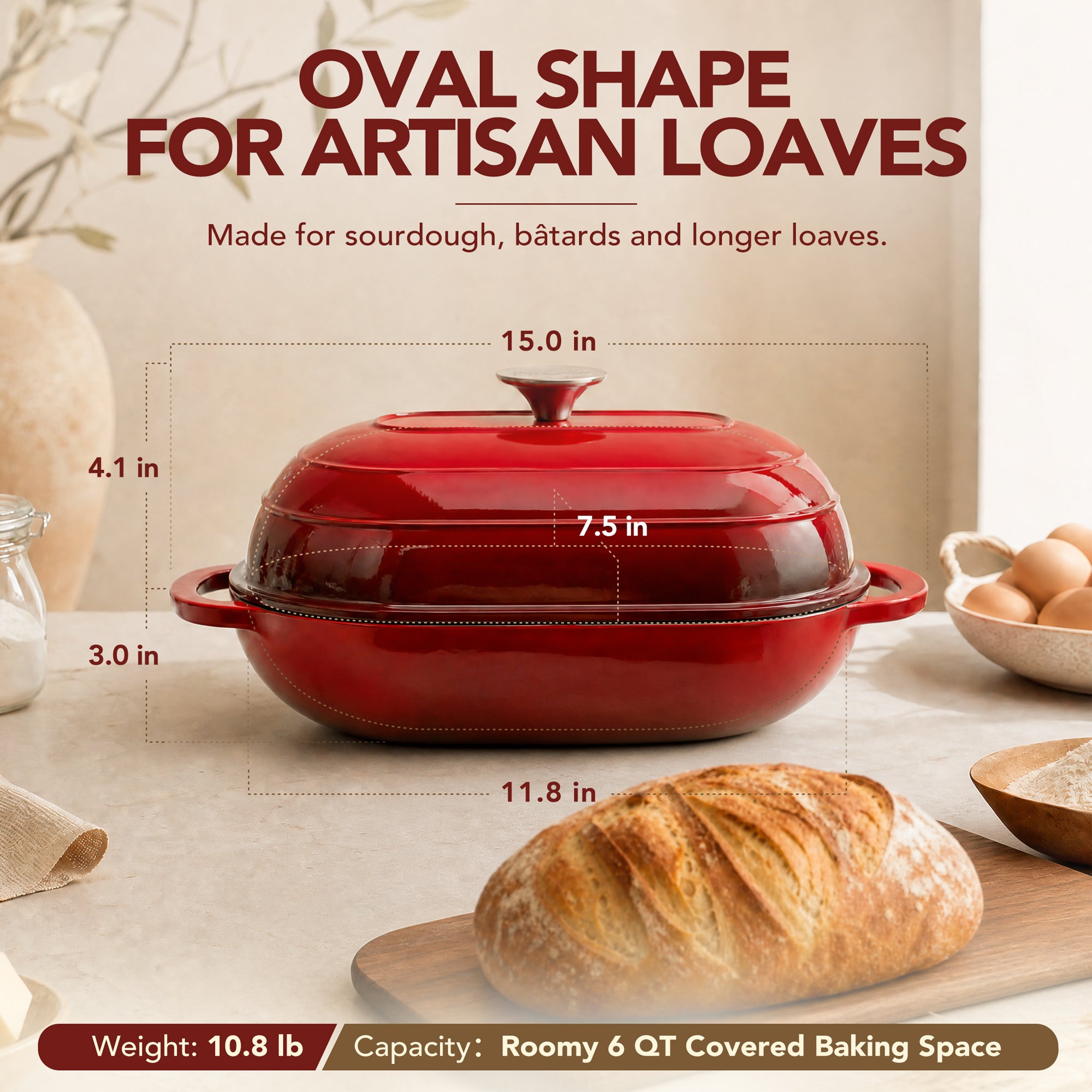 MICHELANGELO Enameled Cast Iron Bread Oven, Oval Sourdough Dutch Oven & Lid