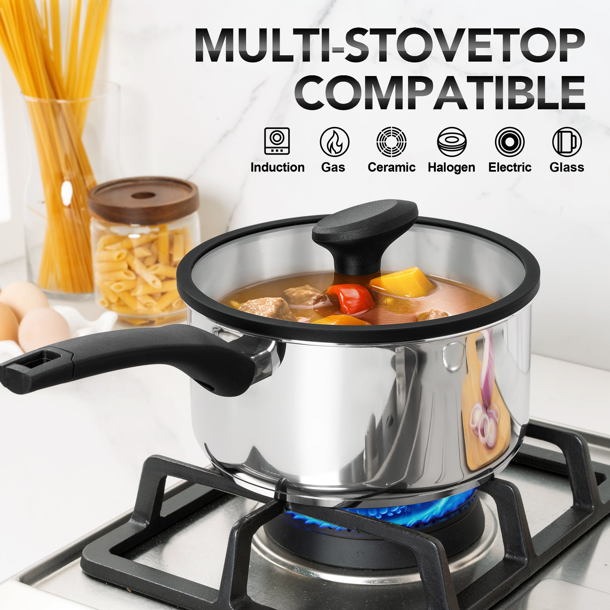 MICHELANGELO Triply Stainless Steel Saucepan with Lid and Bakelite Handle-1QT & 2QT & 3QT