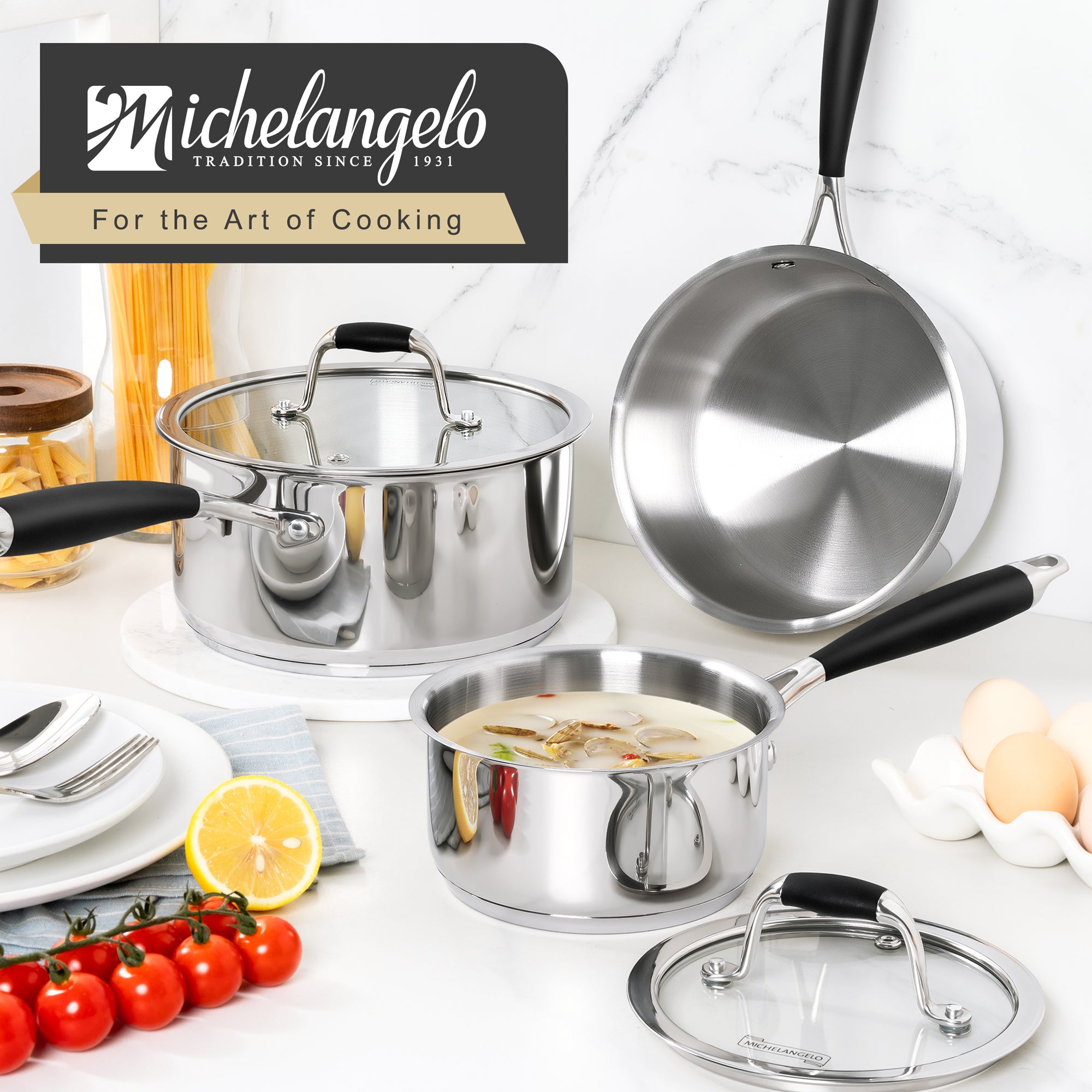 MICHELANGELO Triply Stainless Steel Saucepan with Lid 6 Pcs,Multipurpose Saucepans Set-1QT & 2QT & 3QT