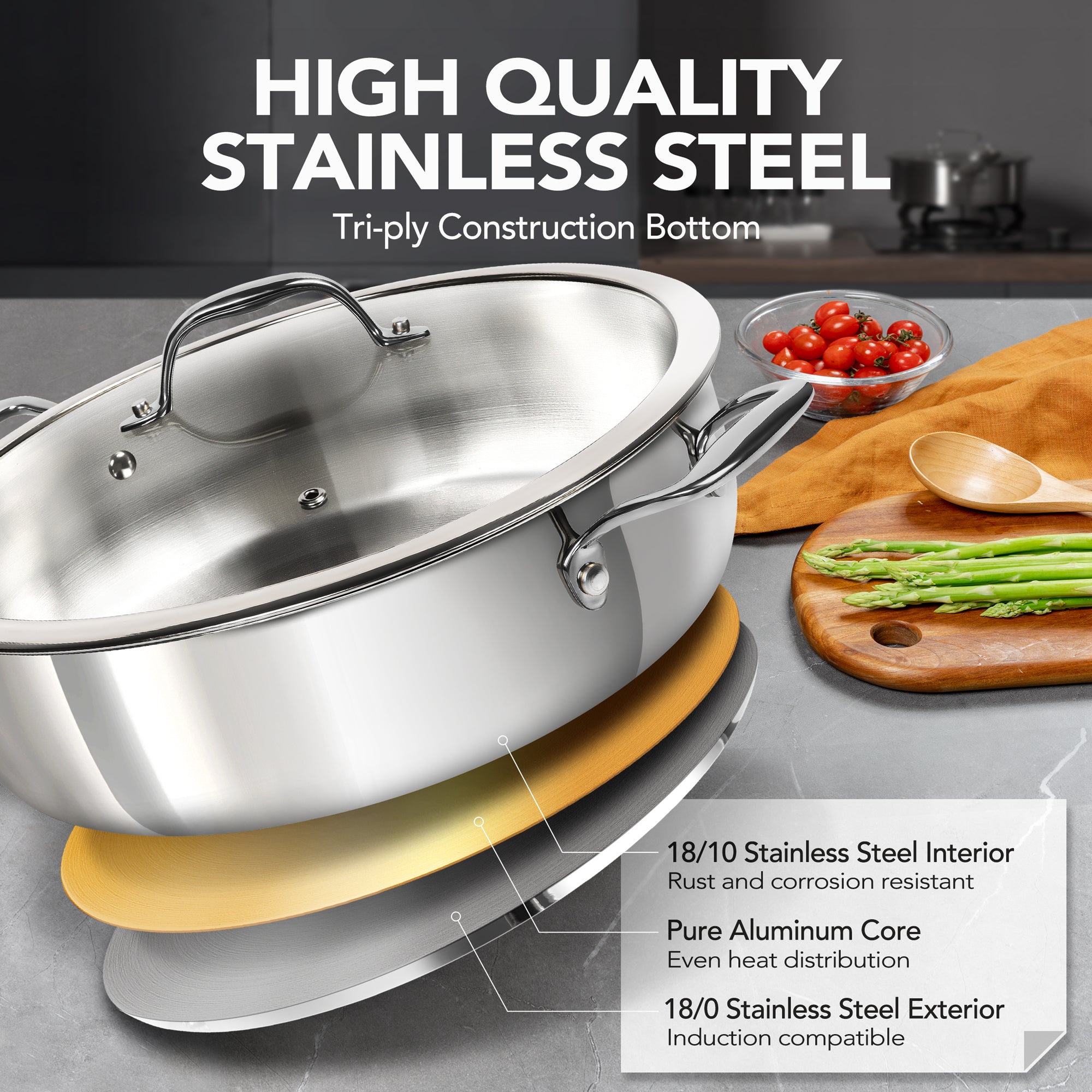MICHELANGELO 12inch Stainless Steel Pan with Lid - 6 Quart Saute Pan, Deep Frying Pan