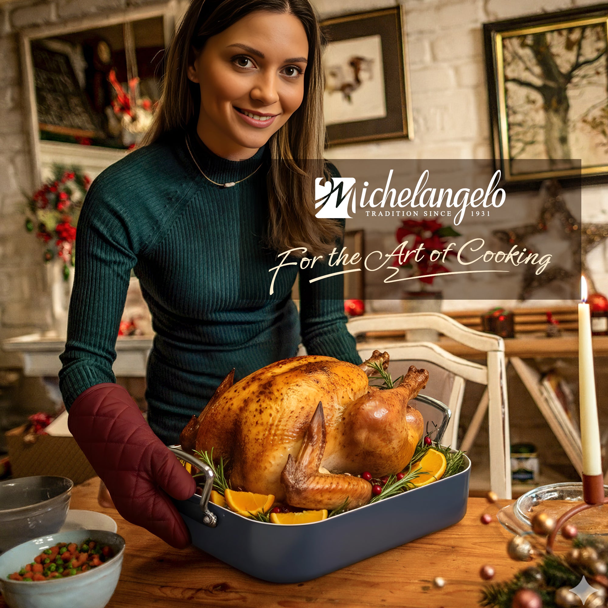 MICHELANGELO Nonstick Ceramic Roasting Pan with Rack，15 Inch x 13 Inch - Haze Blue