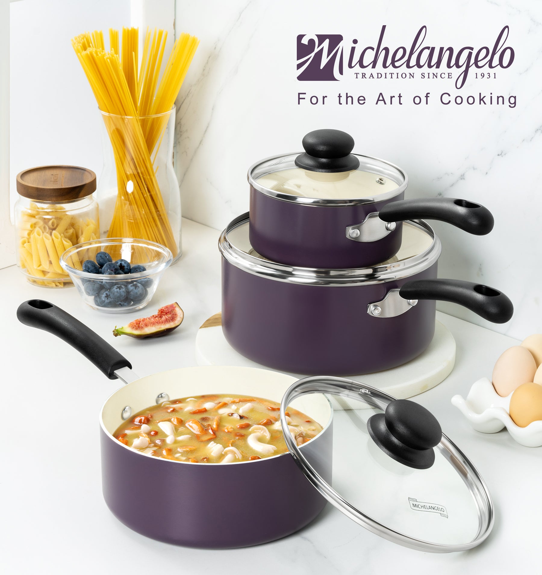 MICHELANGELO Nonstick Sauce Pan with Lid, Ceramic Saucepan Set- 1Qt & 2Qt & 3Qt, Purple