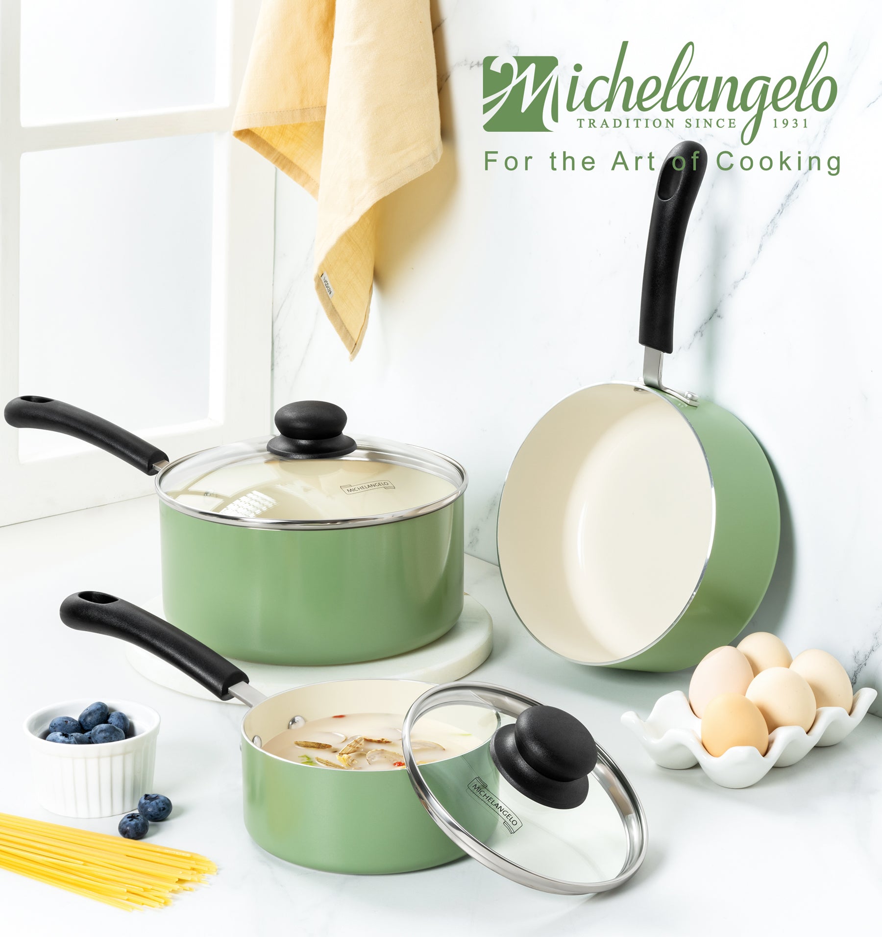 MICHELANGELO Nonstick Sauce Pan with Lid, Ceramic Saucepan Set- 1Qt & 2Qt & 3Qt, Green
