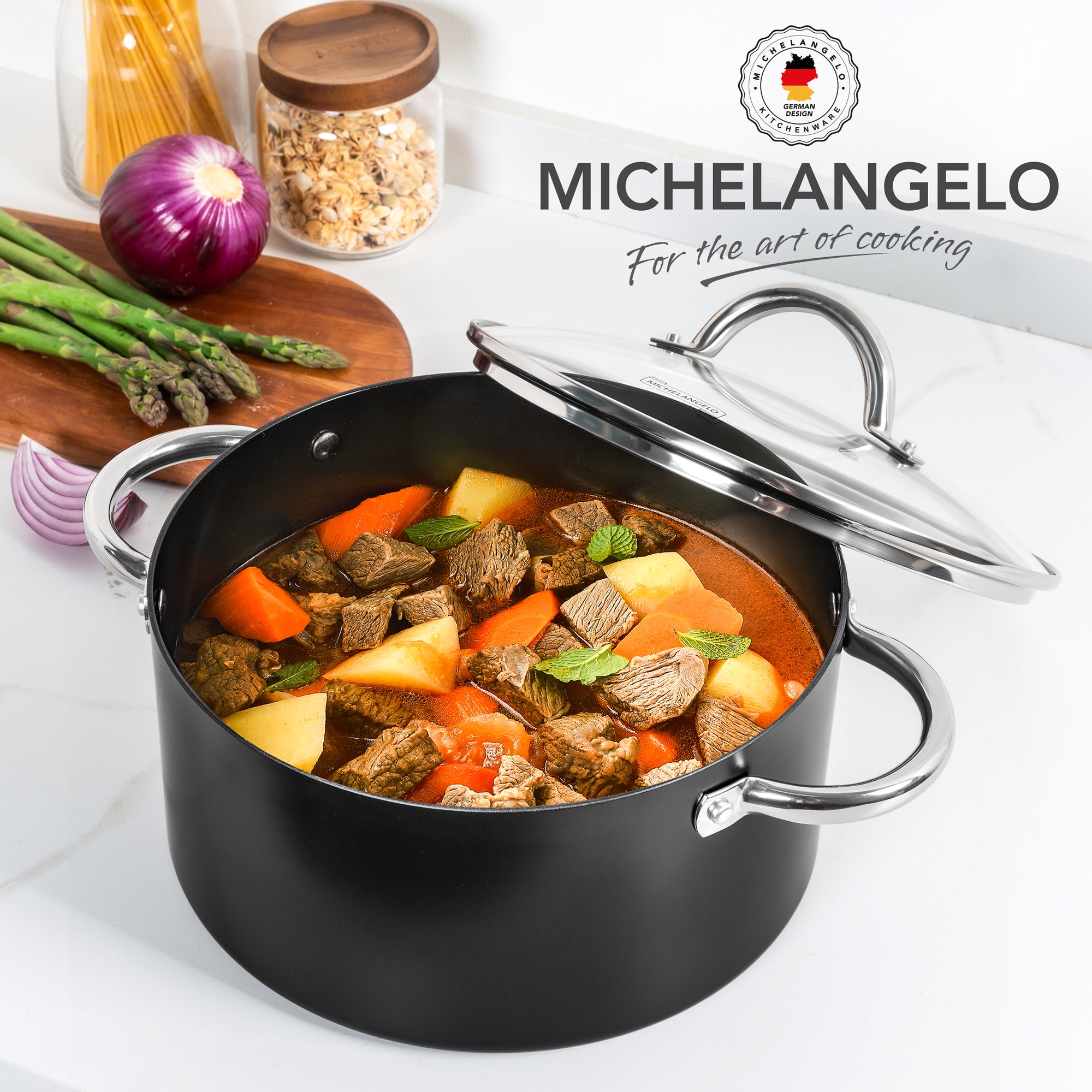 MICHELANGELO Stock Pot with Lid Non Stick Ceramic Coating Soup Pot Black