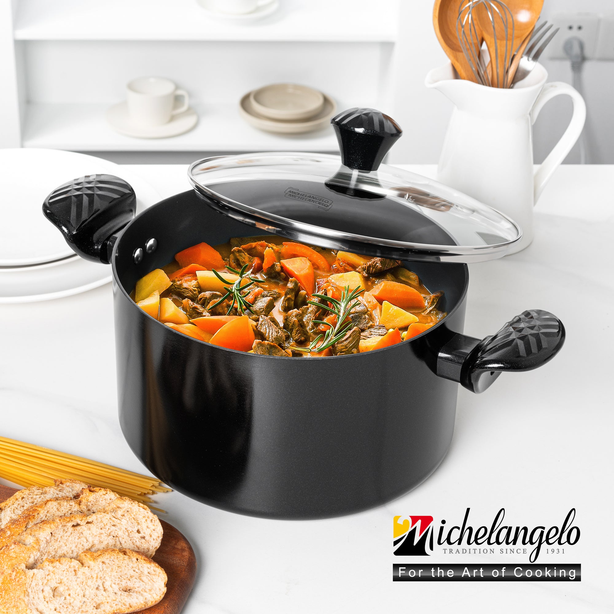MICHELANGELO Stock Pot with Lid - 6 QT Nonstick Ceramic Cooking Pot, Black