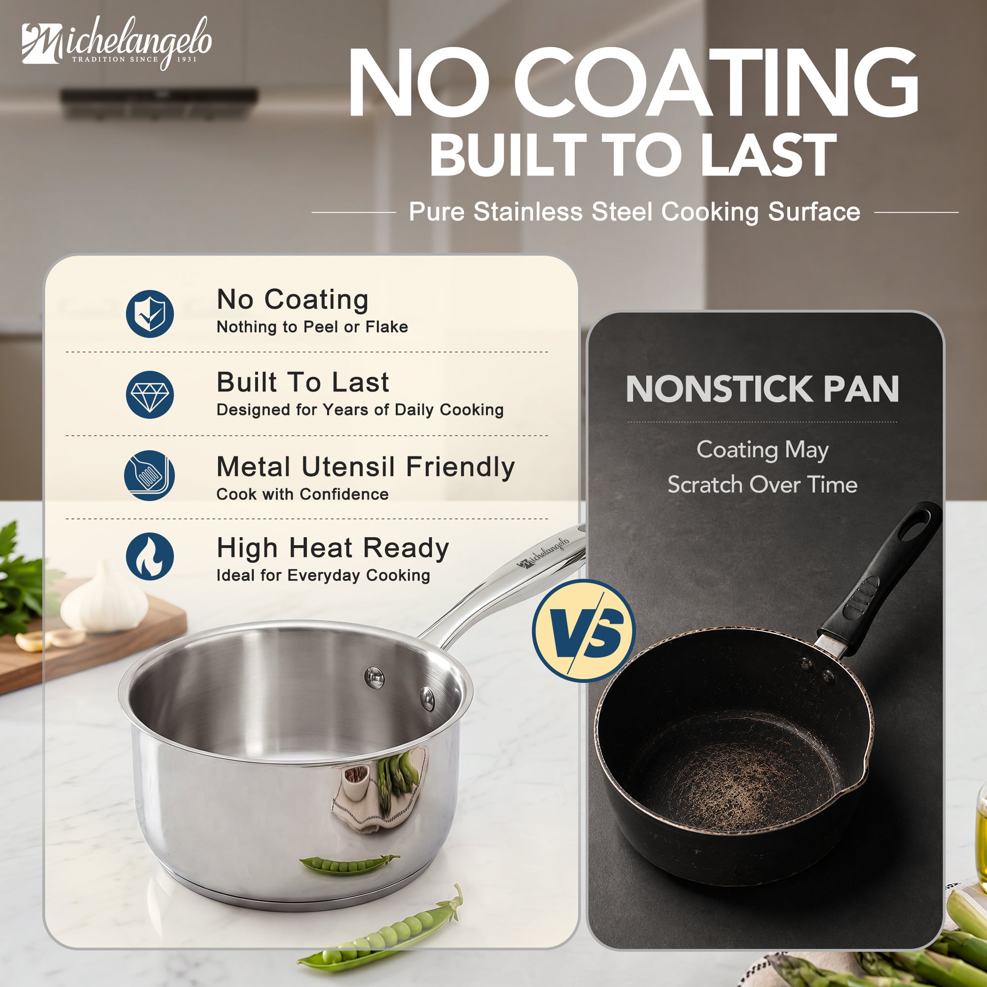 MICHELANGELO Stainless Steel Pots and Pans Set, 5-Piece Cookware Set