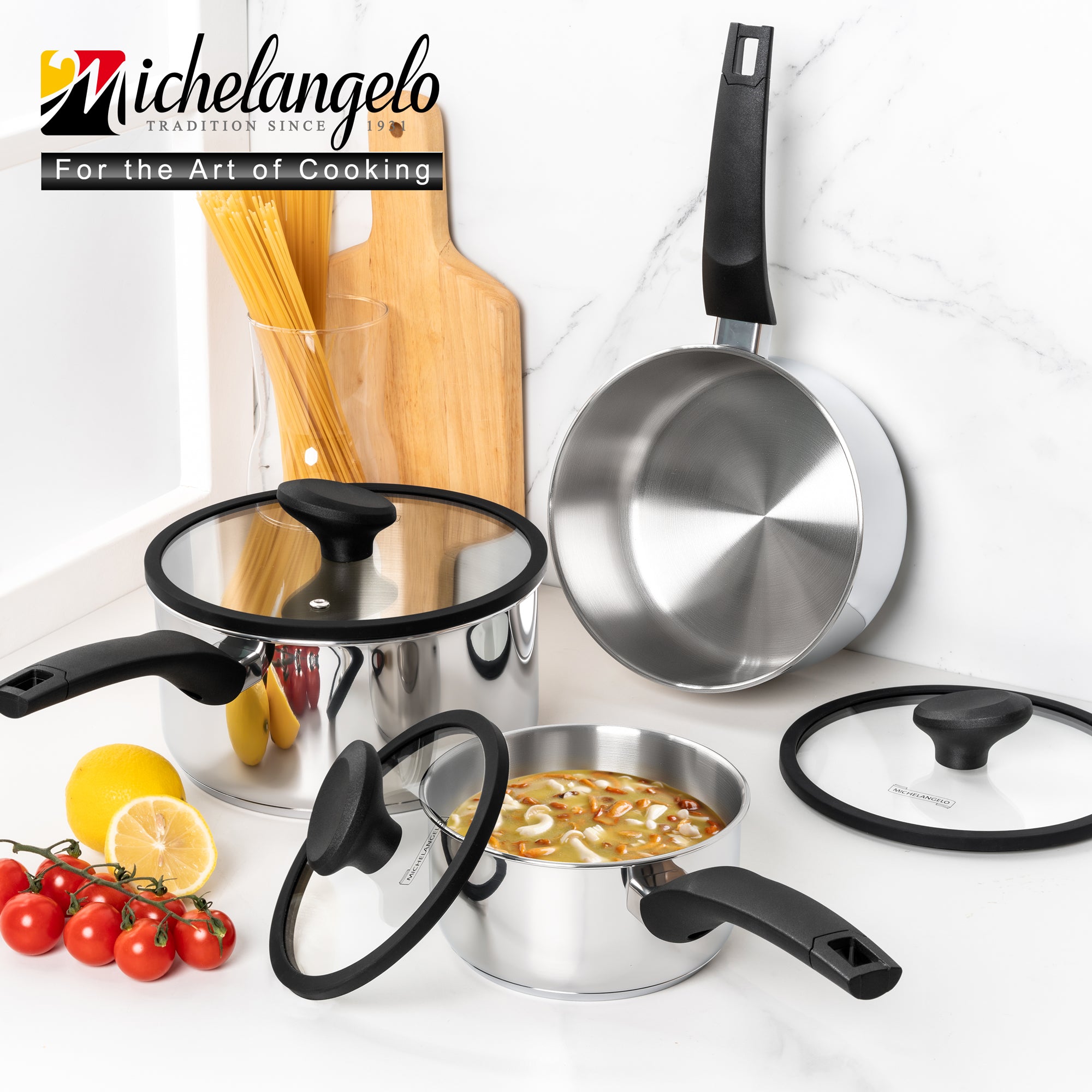 MICHELANGELO Triply Stainless Steel Saucepan with Lid and Bakelite Handle-1QT & 2QT & 3QT