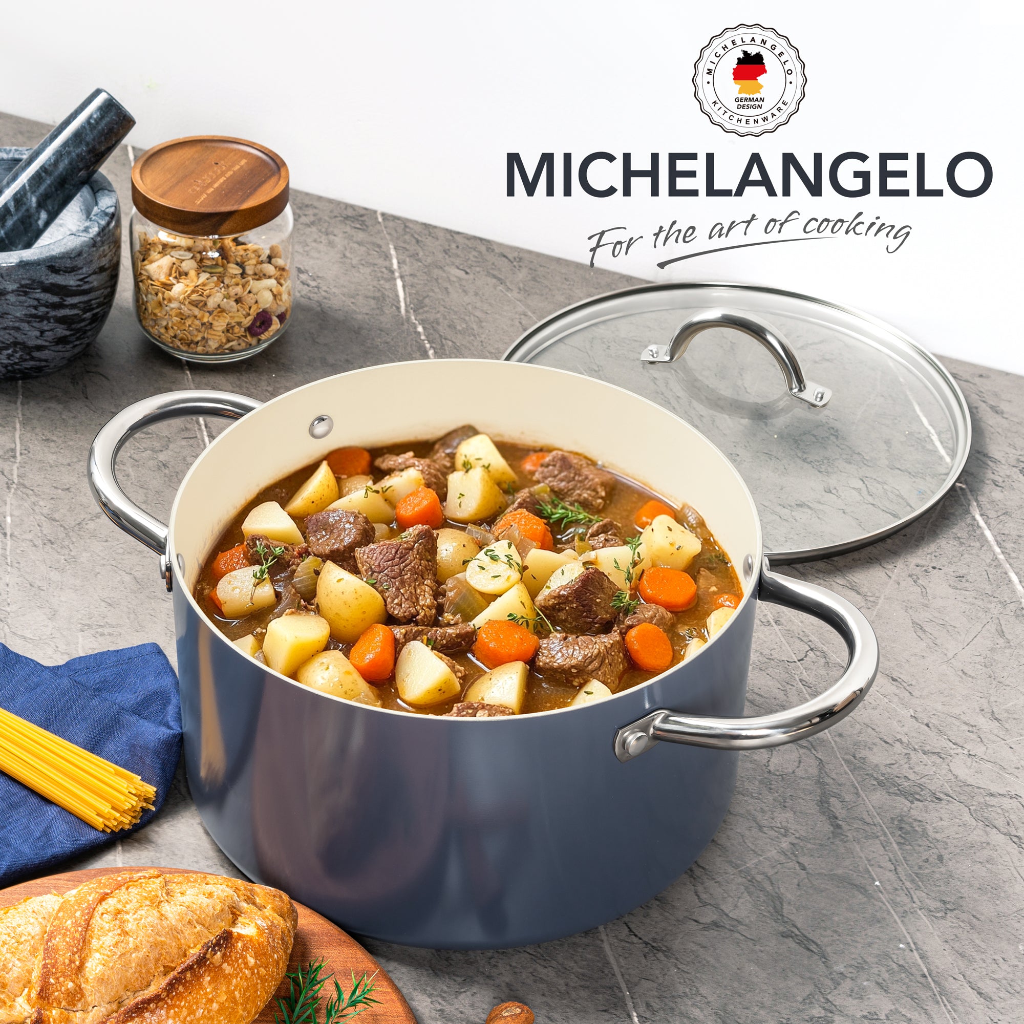 MICHELANGELO Stock Pot with Lid, Nonstick 6 Quart Soup Pot with Ceramic Coating, Haze blue