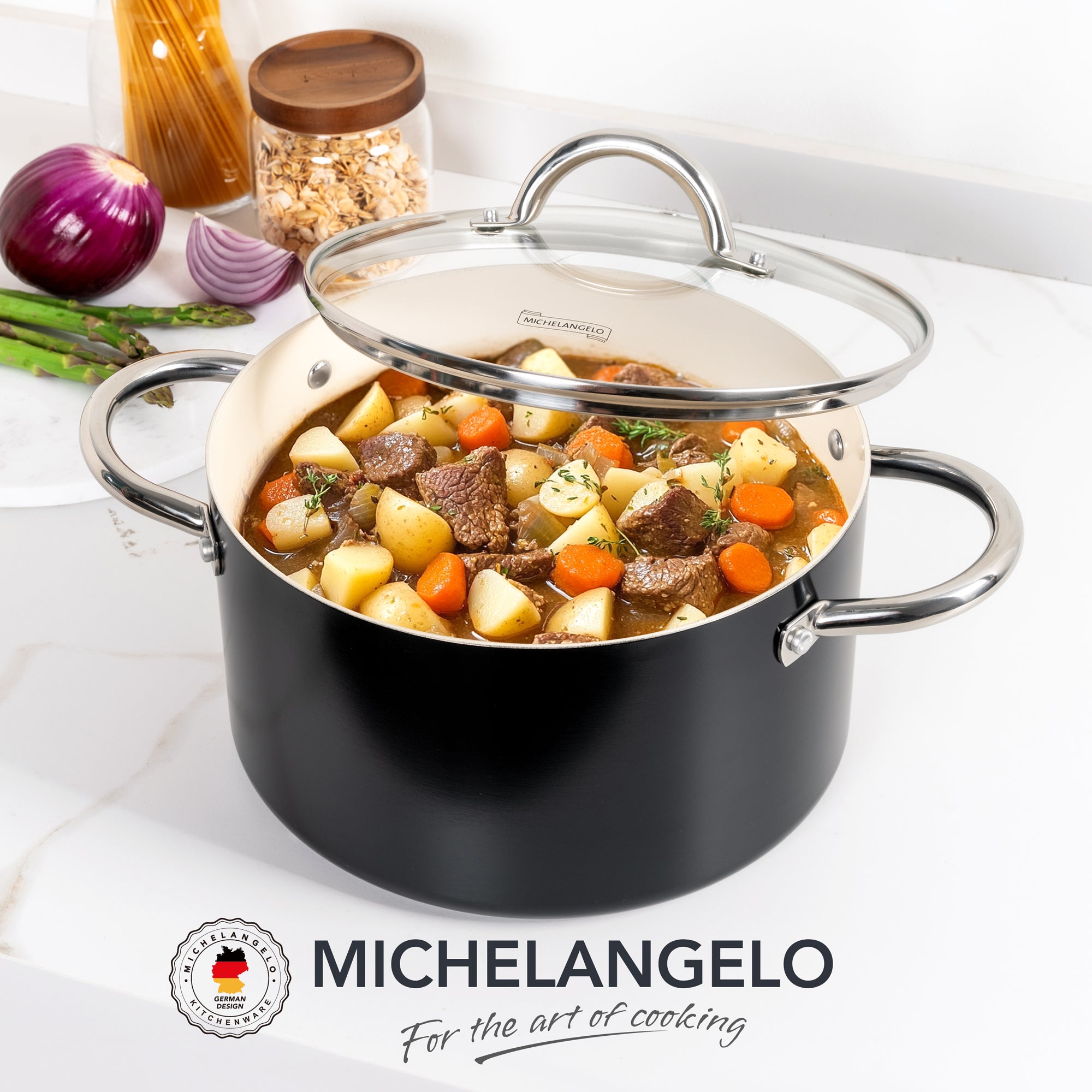 MICHELANGELO Stock Pot with Lid, Nonstick 6 Quart Soup Pot with Ceramic Coating, Black