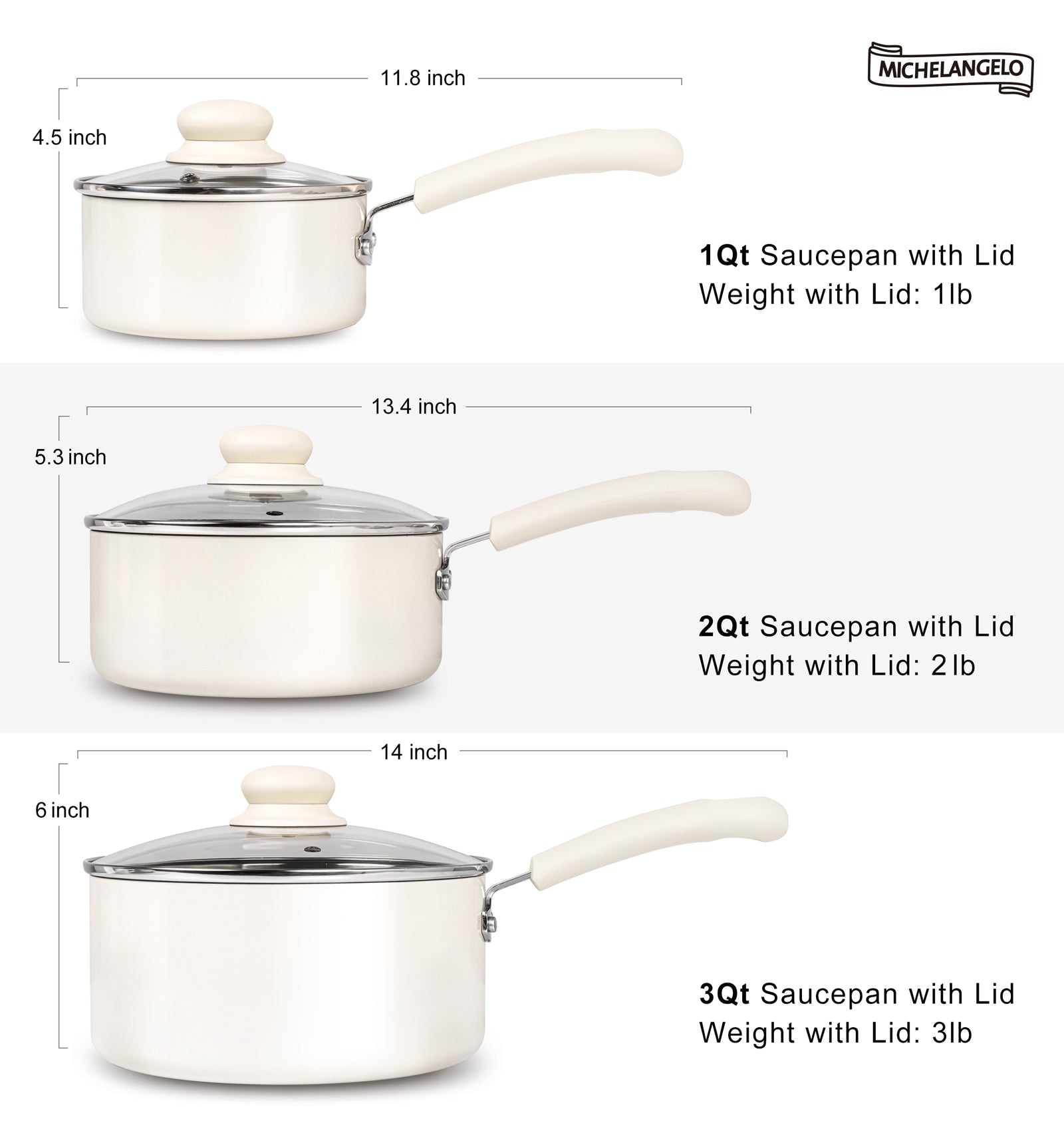 MICHELANGELO Sauce Pan Set With Lid, 1QT & 2QT & 3QT Ceramic Saucepans