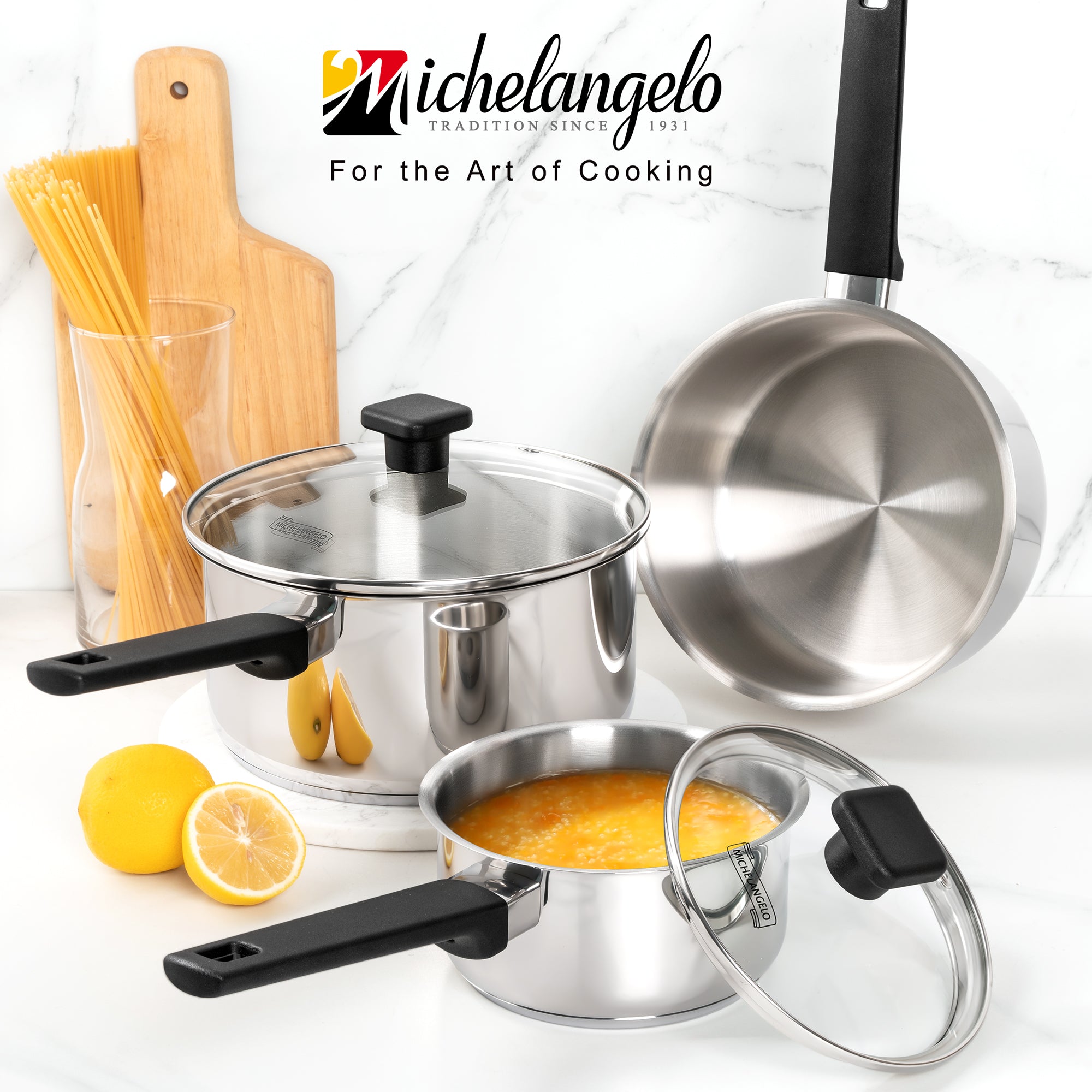 MICHELANGELO Stainless Steel Sauce Pan 1QT & 2QT & 3QT with Lid , Nonstick Sauce Pans Set