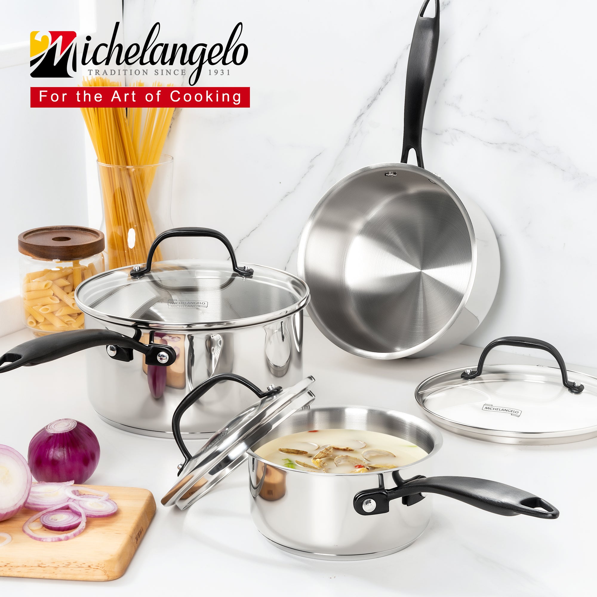 MICHELANGELO Tri-Ply Stainless Steel Saucepan with Lid,  Multipurpose Sauce Pots Set 6 Pcs
