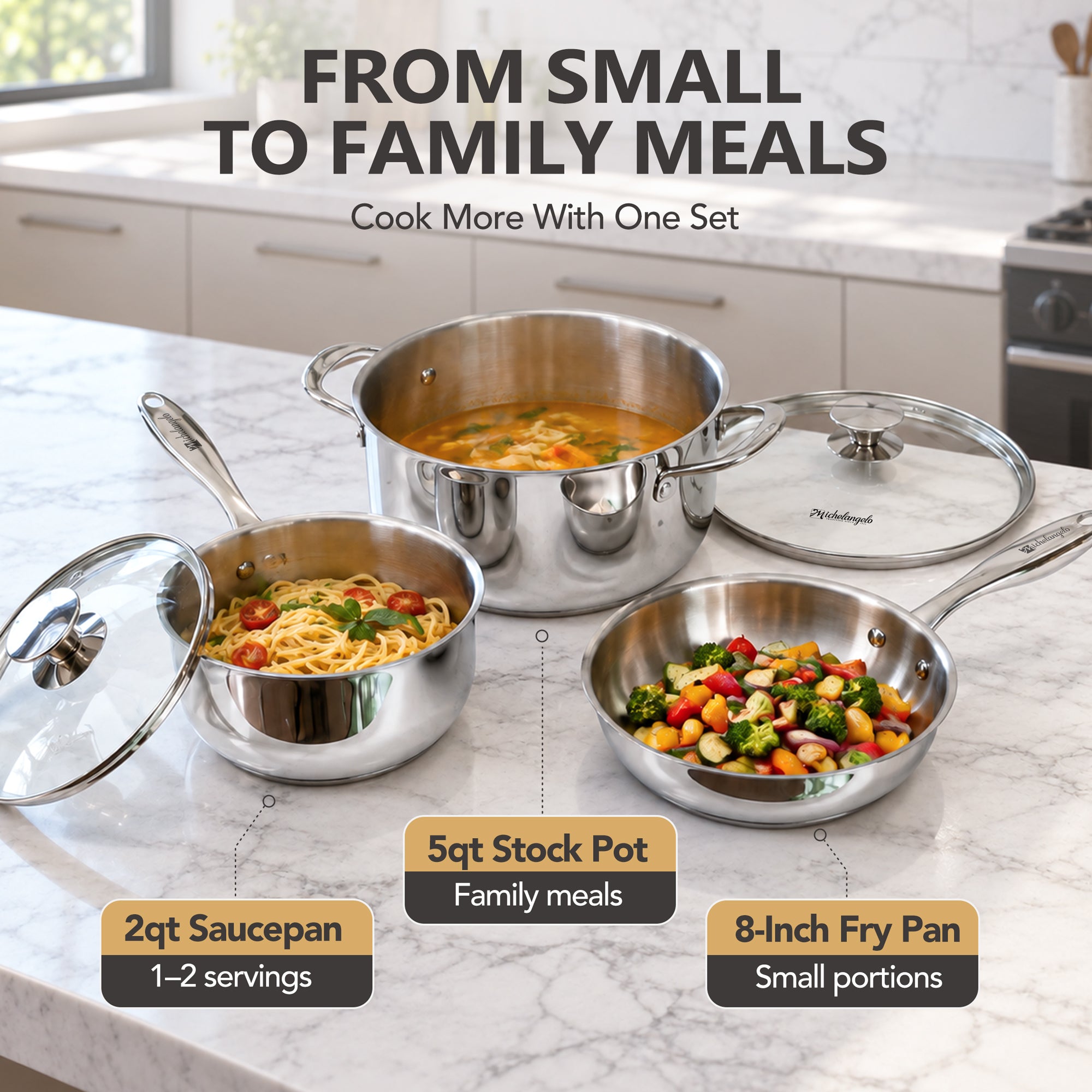 MICHELANGELO Stainless Steel Pots and Pans Set, 6-Piece Cookware Set