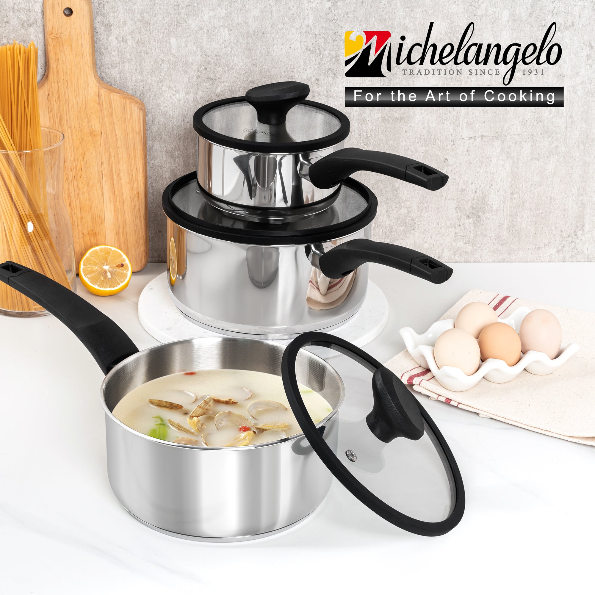 MICHELANGELO Triply Stainless Steel Saucepan with Lid and Bakelite Handle-1QT & 2QT & 3QT