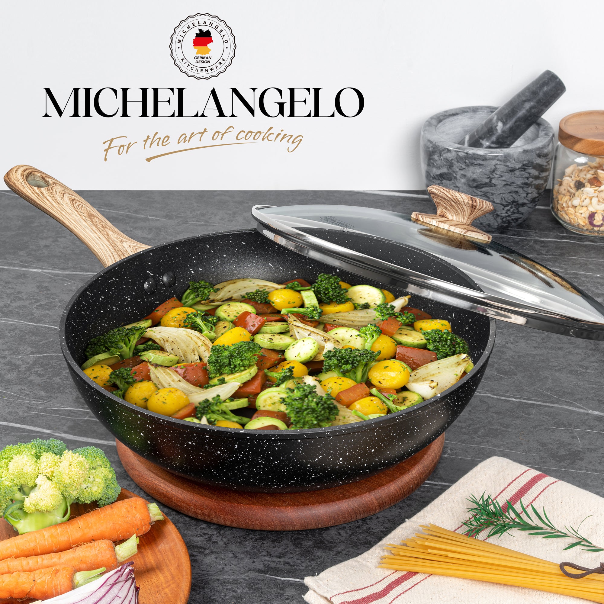 MICHELANGELO 12 Inch Wok Pan with Lid  Black