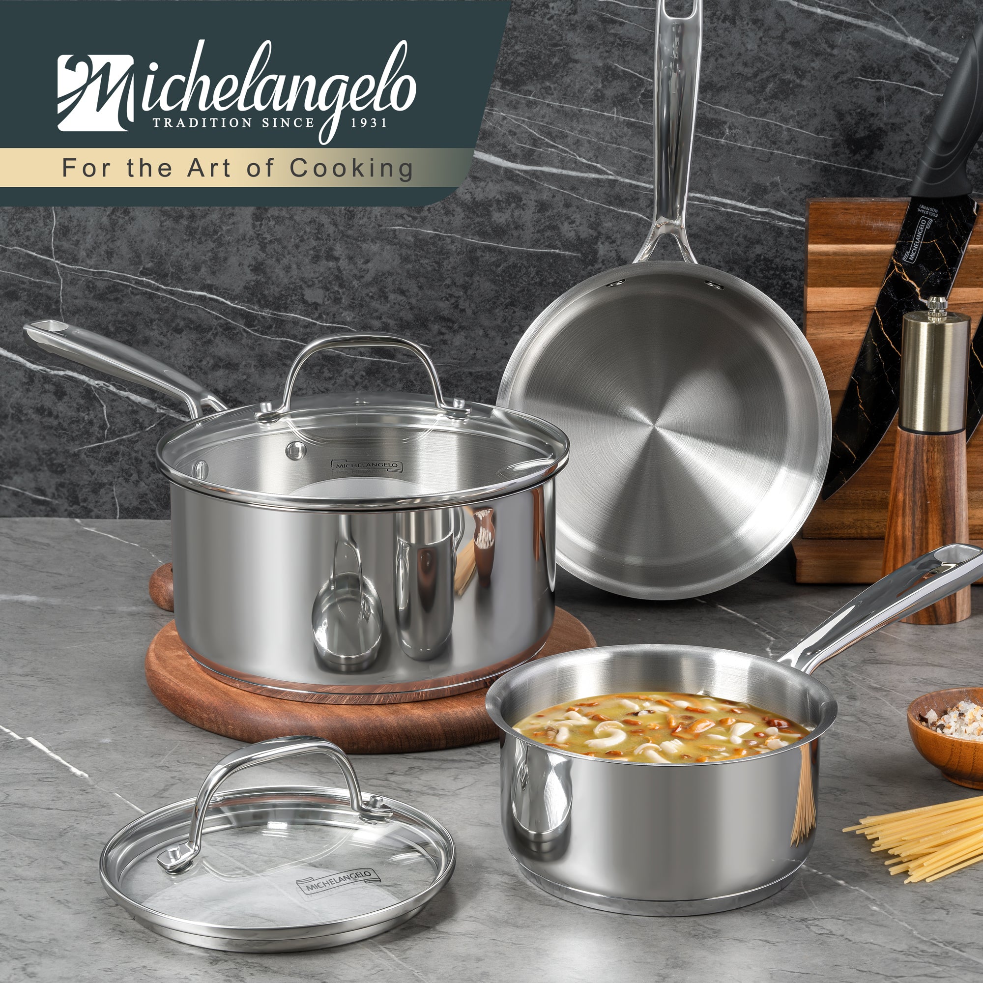 MICHELANGELO Stainless Steel Sauce Pans Set, Nonstick Sauce Pans 1QT & 2QT & 3QT