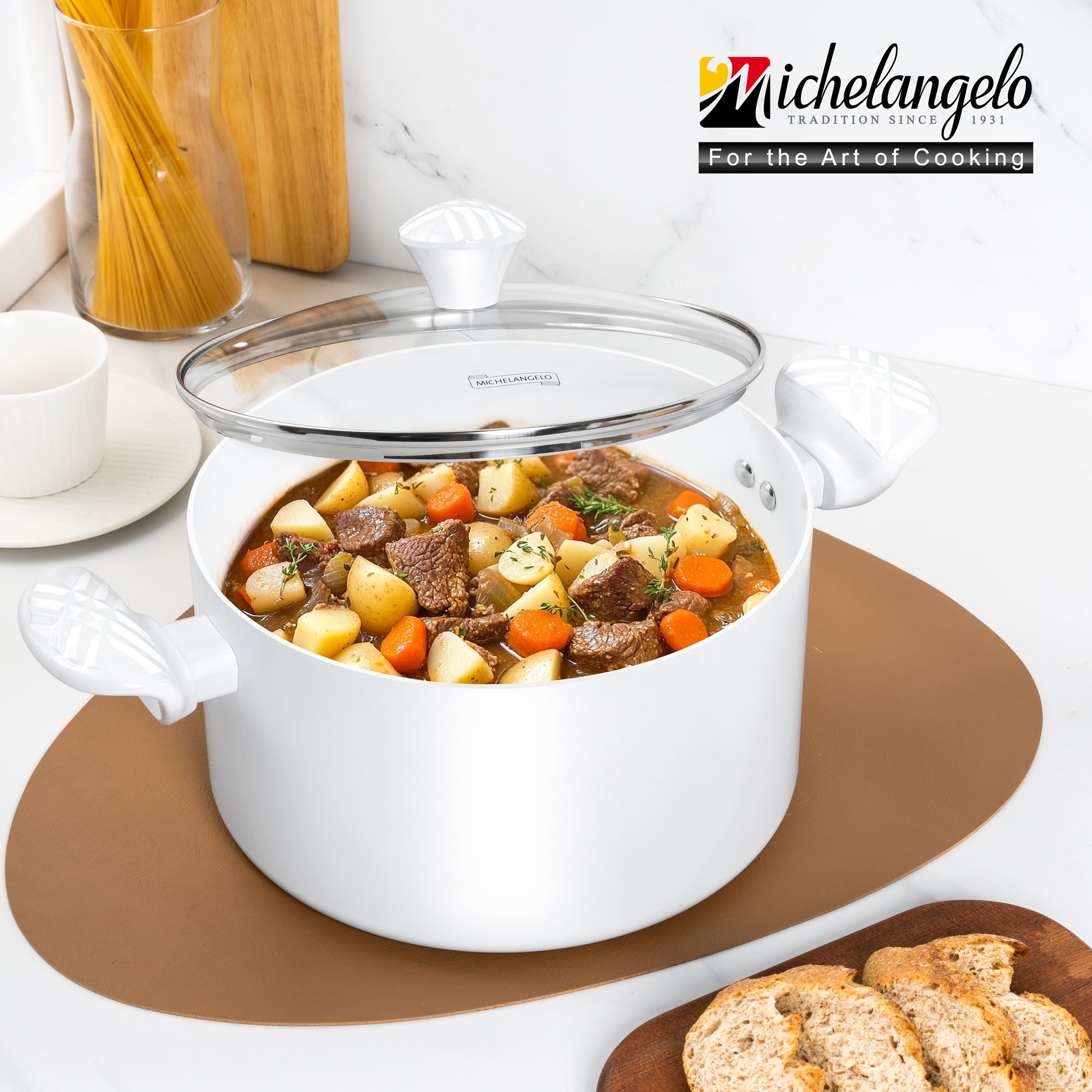 MICHELANGELO Stock Pot with Lid - 6 QT Nonstick Ceramic Cooking Pot, white