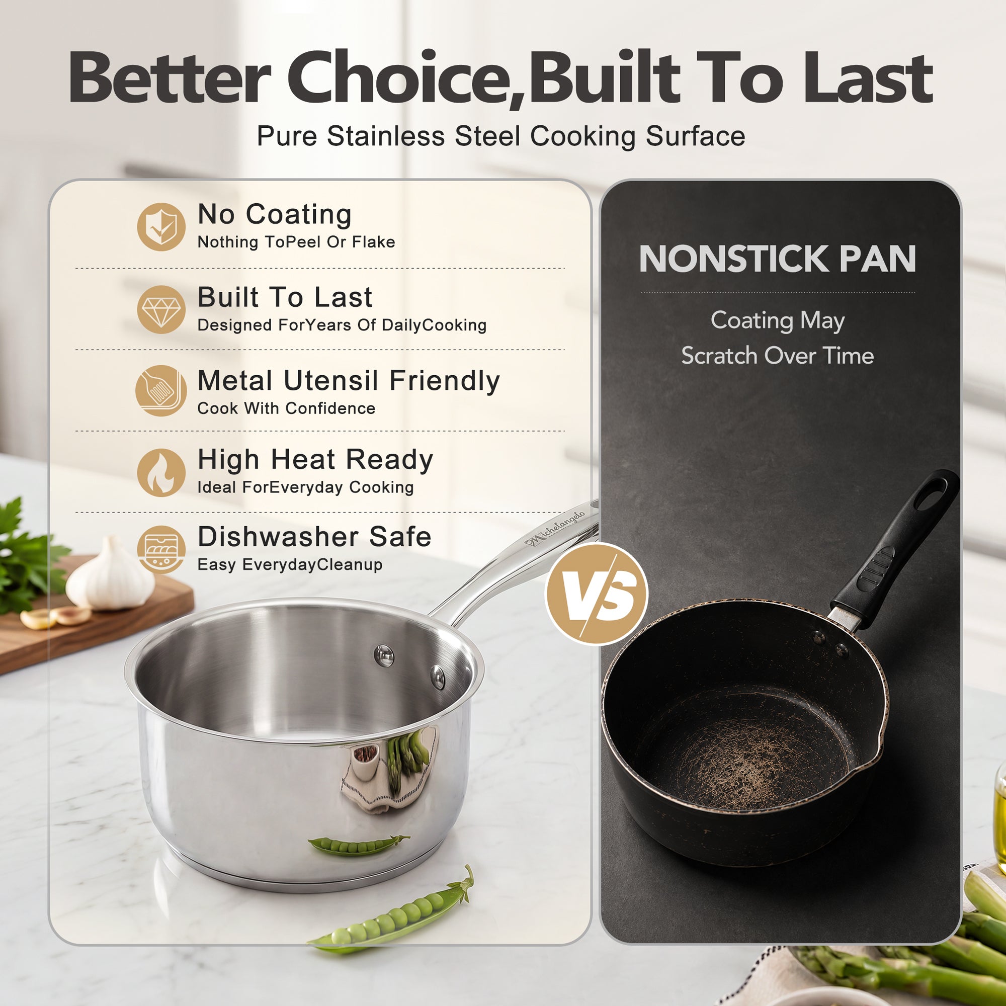 MICHELANGELO 5-Piece Stainless Steel Pots and Pans Set with Glass Lids