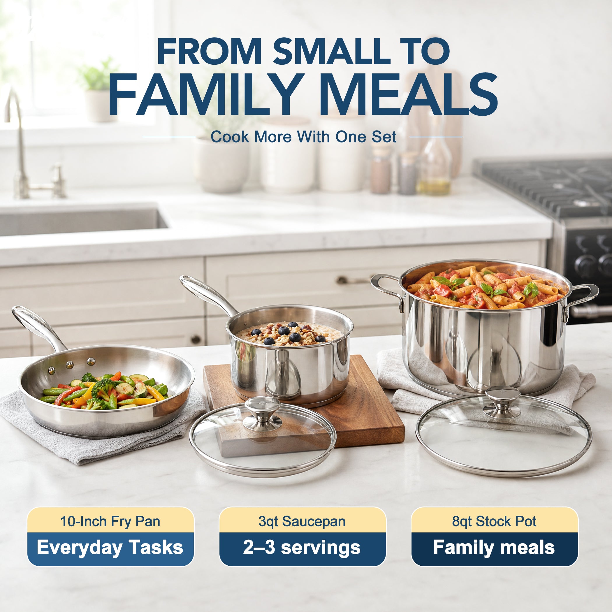 MICHELANGELO Stainless Steel Pots and Pans Set, 5-Piece Cookware Set