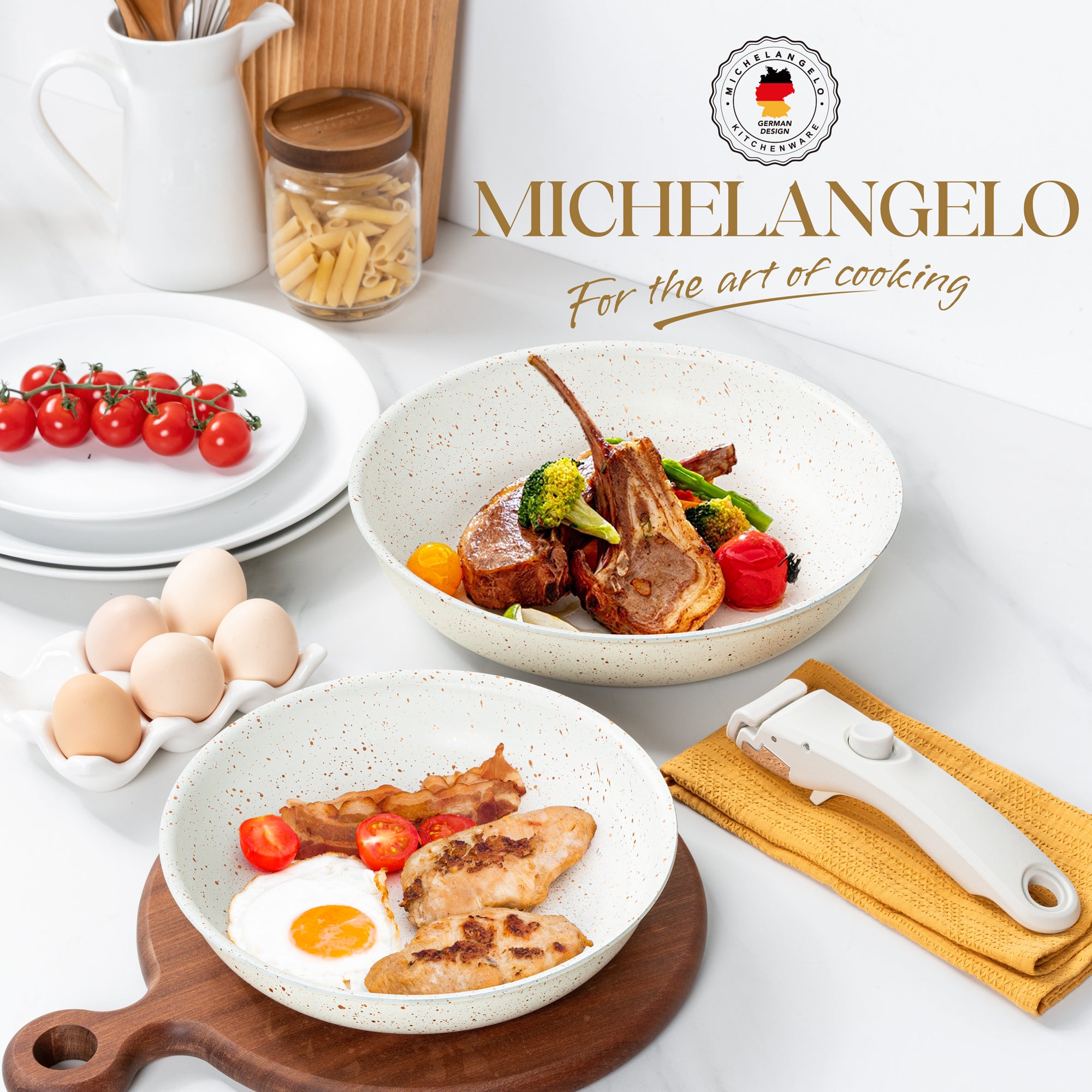MICHELANGELO Nonstick Frying Pan Set Removable Handle, 8" and 10"，White