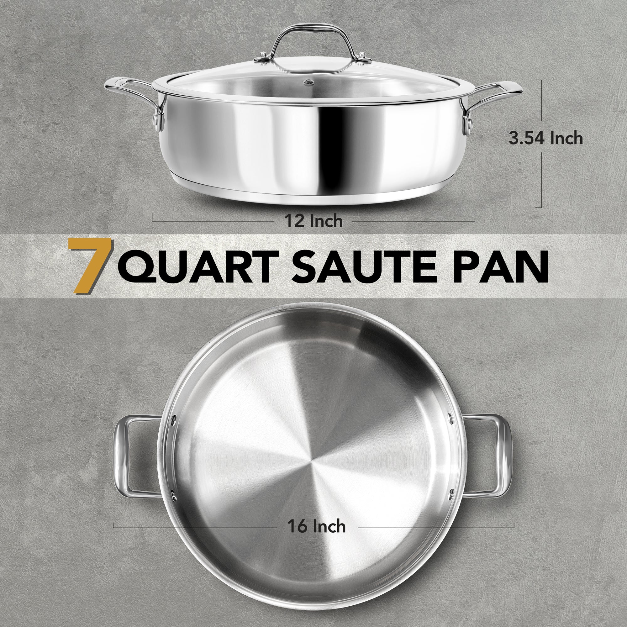 MICHELANGELO 12inch Stainless Steel Pan with Lid - 6 Quart Saute Pan, Deep Frying Pan