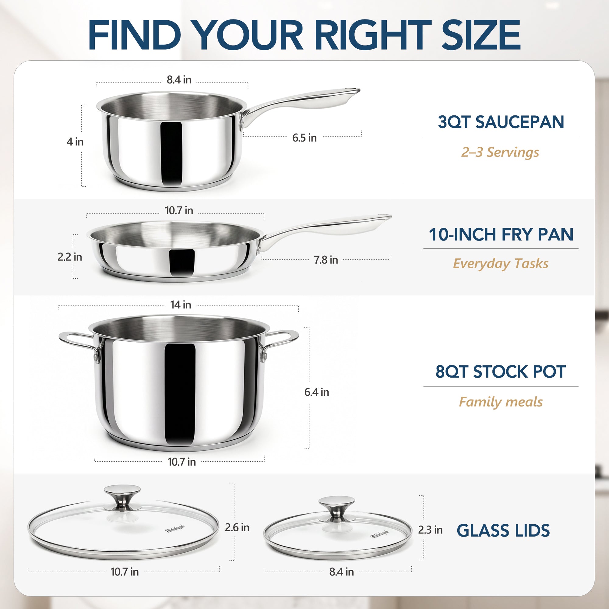 MICHELANGELO Stainless Steel Pots and Pans Set, 5-Piece Cookware Set