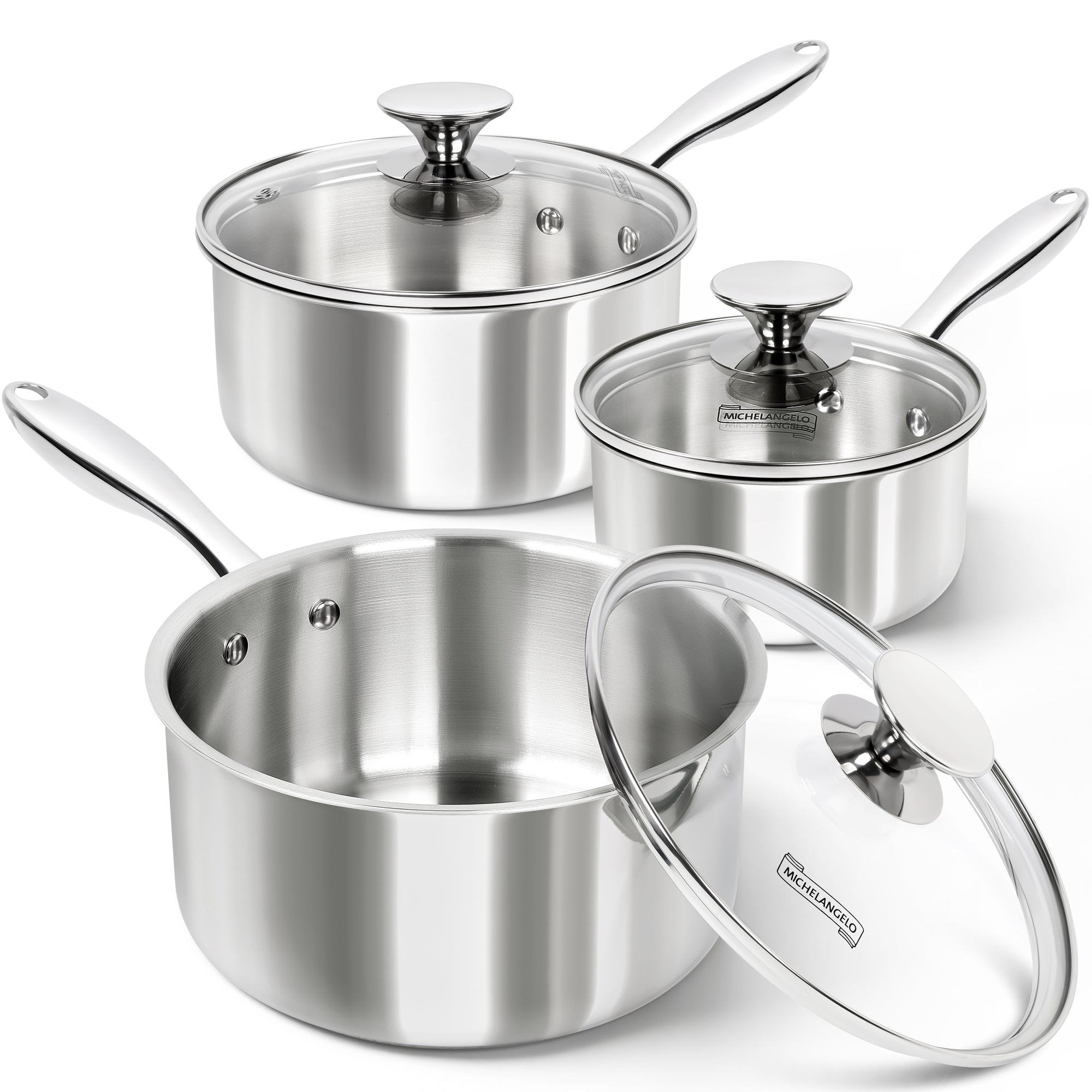MICHELANGELO 1Qt & 2Qt Tri-ply Stainless Steel Saucepan Set, Small Cooking Pots with Tempered Glass Lids