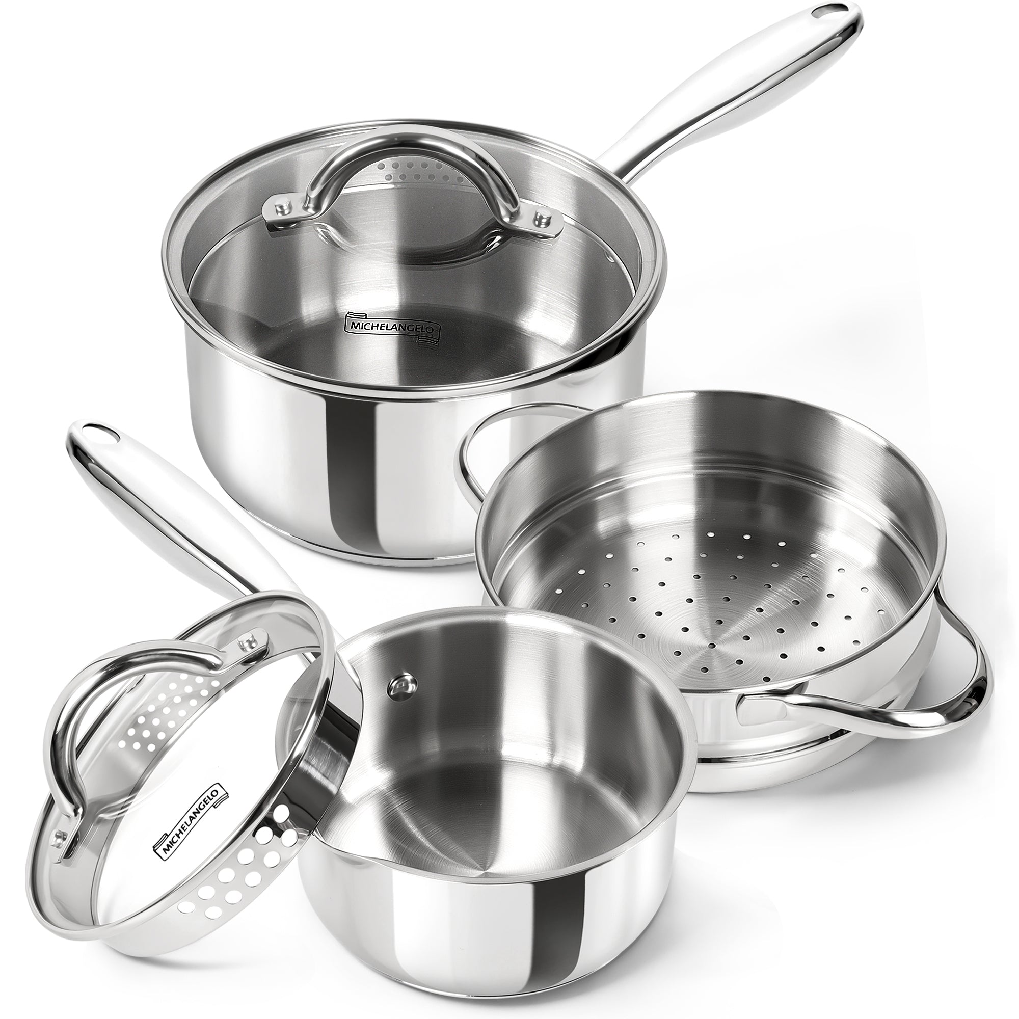 MICHELANGELO Stainless Steel Sauce Pot Set with Steamer 5Pcs, 18/10 Saucepan Set with Pour Spout & Strainer Glass Lids 1QT & 2QT