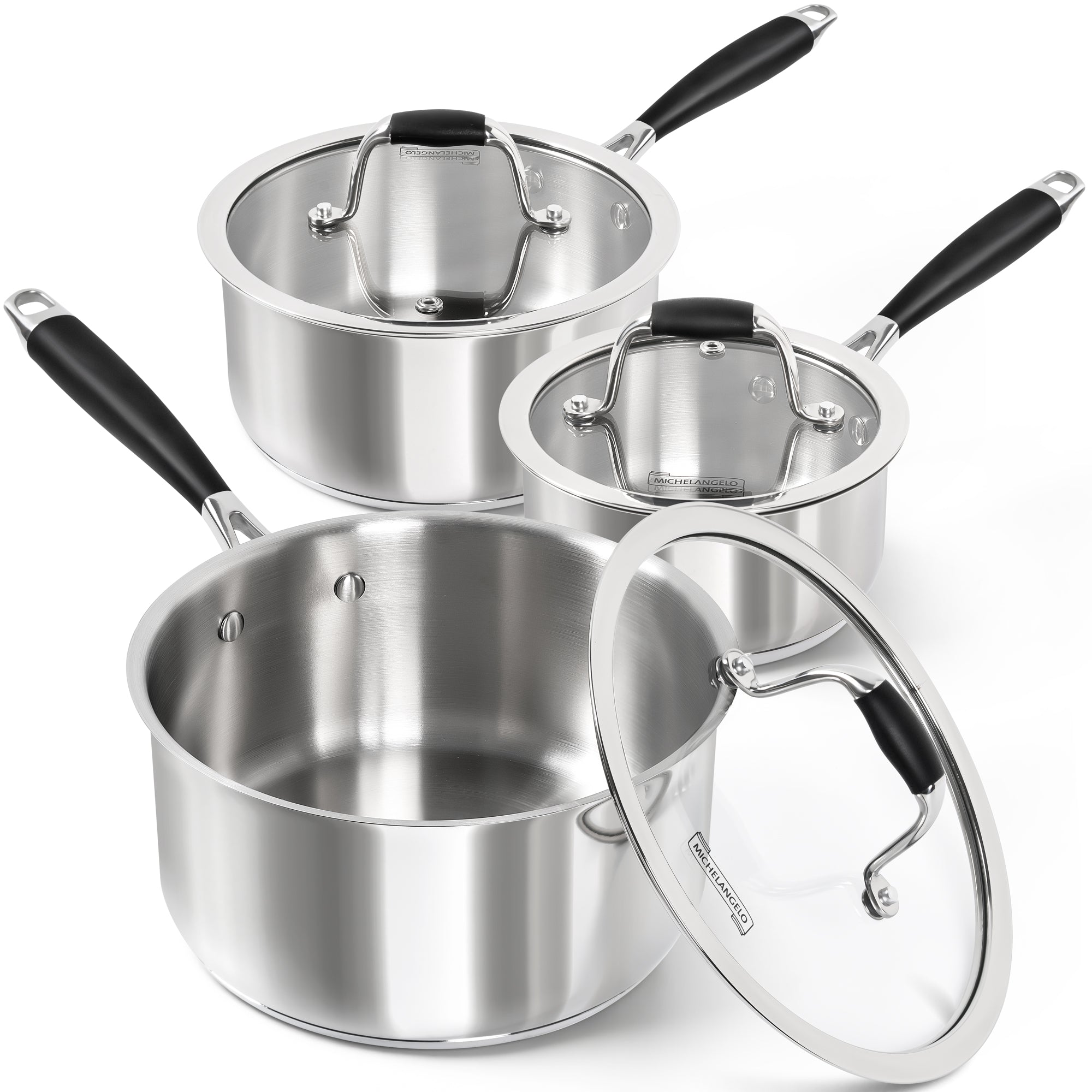 MICHELANGELO Triply Stainless Steel Saucepan with Lid 6 Pcs,Multipurpose Saucepans Set-1QT & 2QT & 3QT