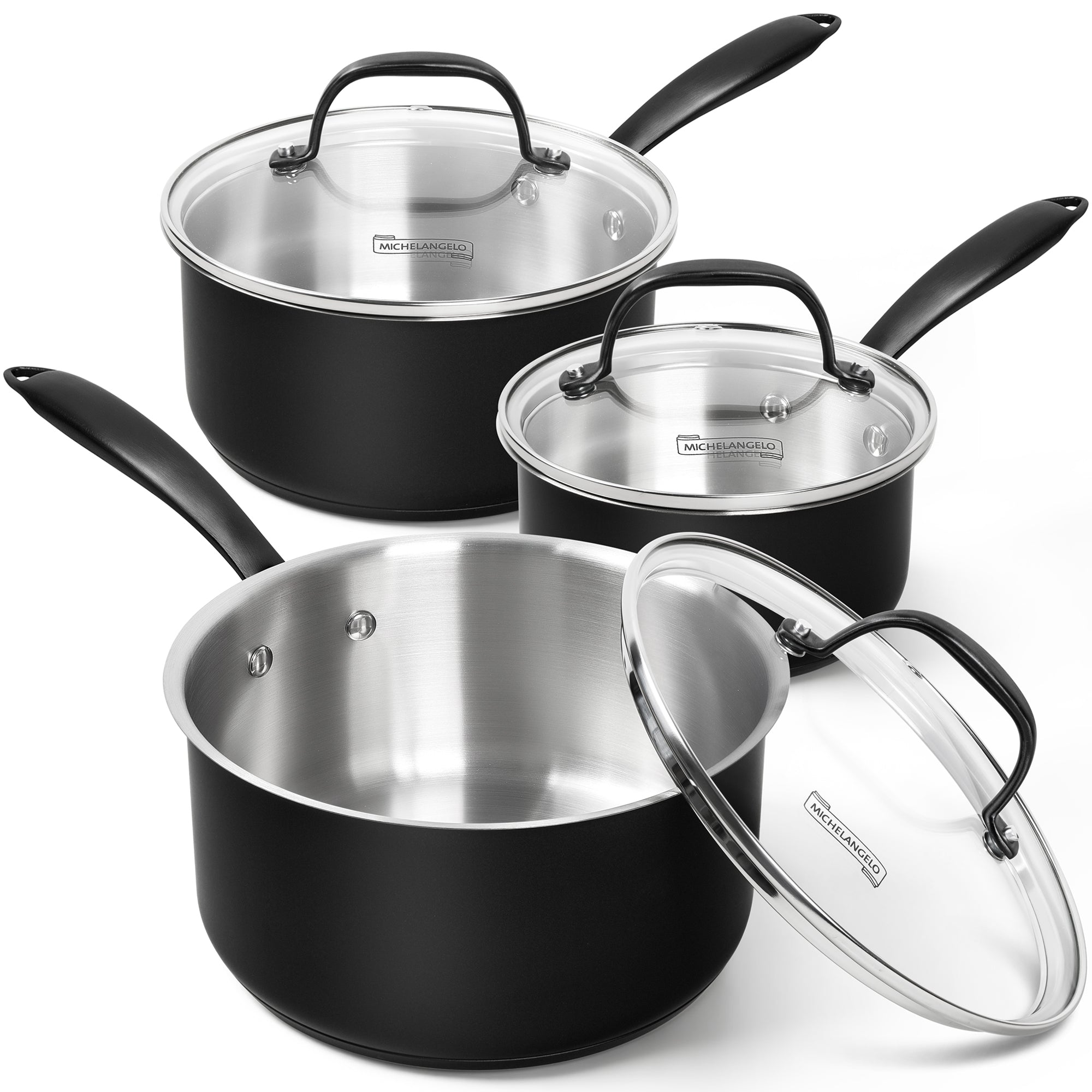 MICHELANGELO Stainless Steel Saucepan Set,Tiply-Base Sauce Pan with Lids-1QT & 2QT & 3QT