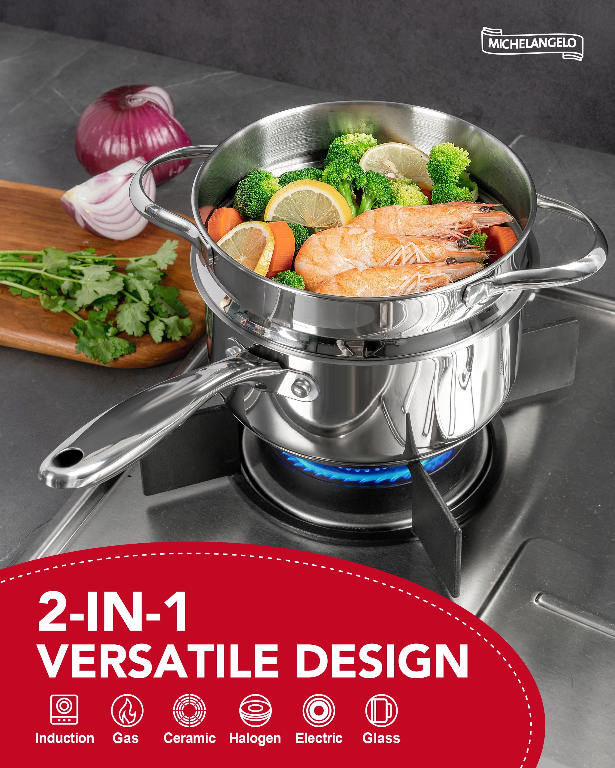 MICHELANGELO Stainless Steel Sauce Pan with Lid, 1.5 Quart  sauce pan with Steamer Insert