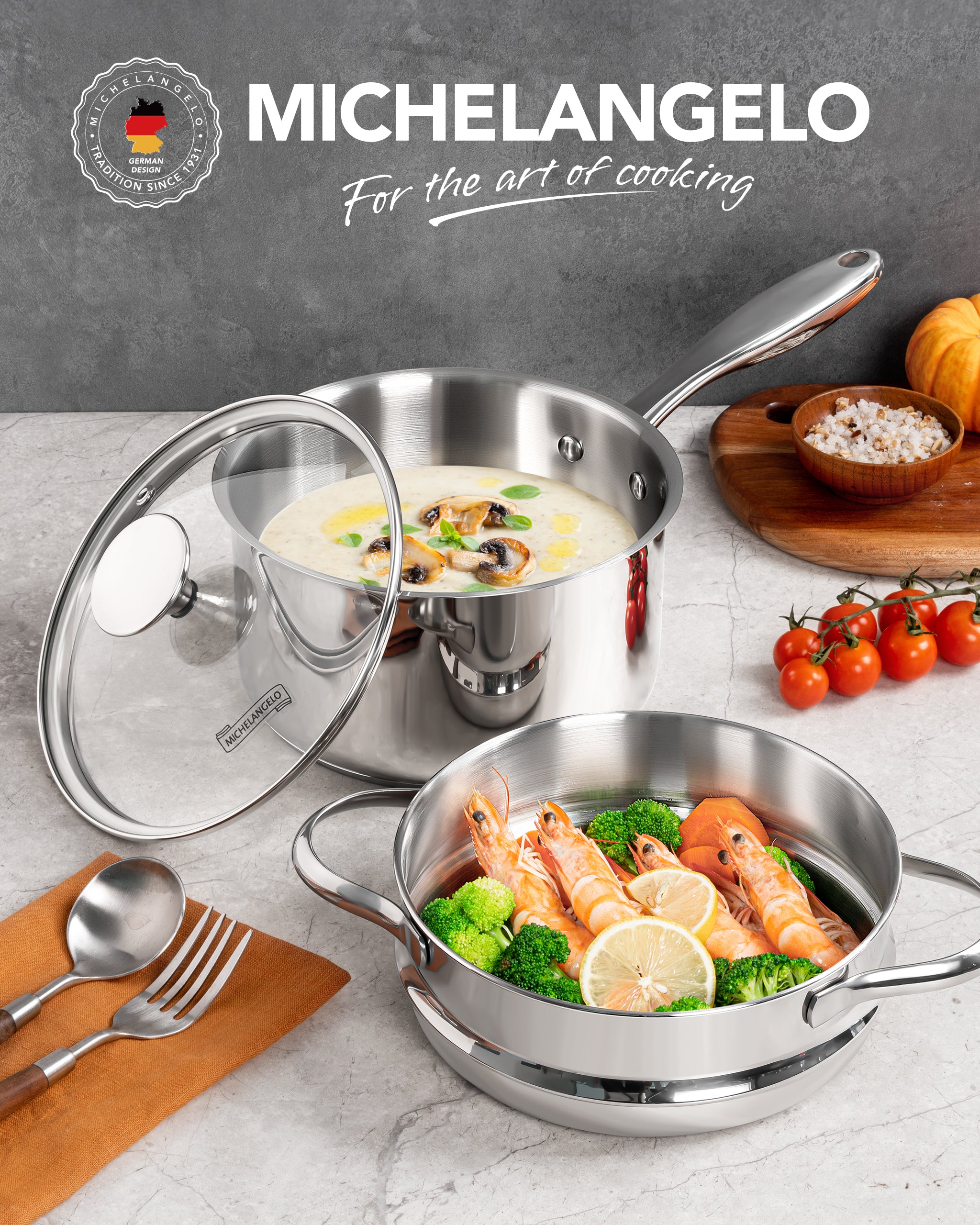 MICHELANGELO Stainless Steel Sauce Pan with Lid, 1.5 Quart  sauce pan with Steamer Insert