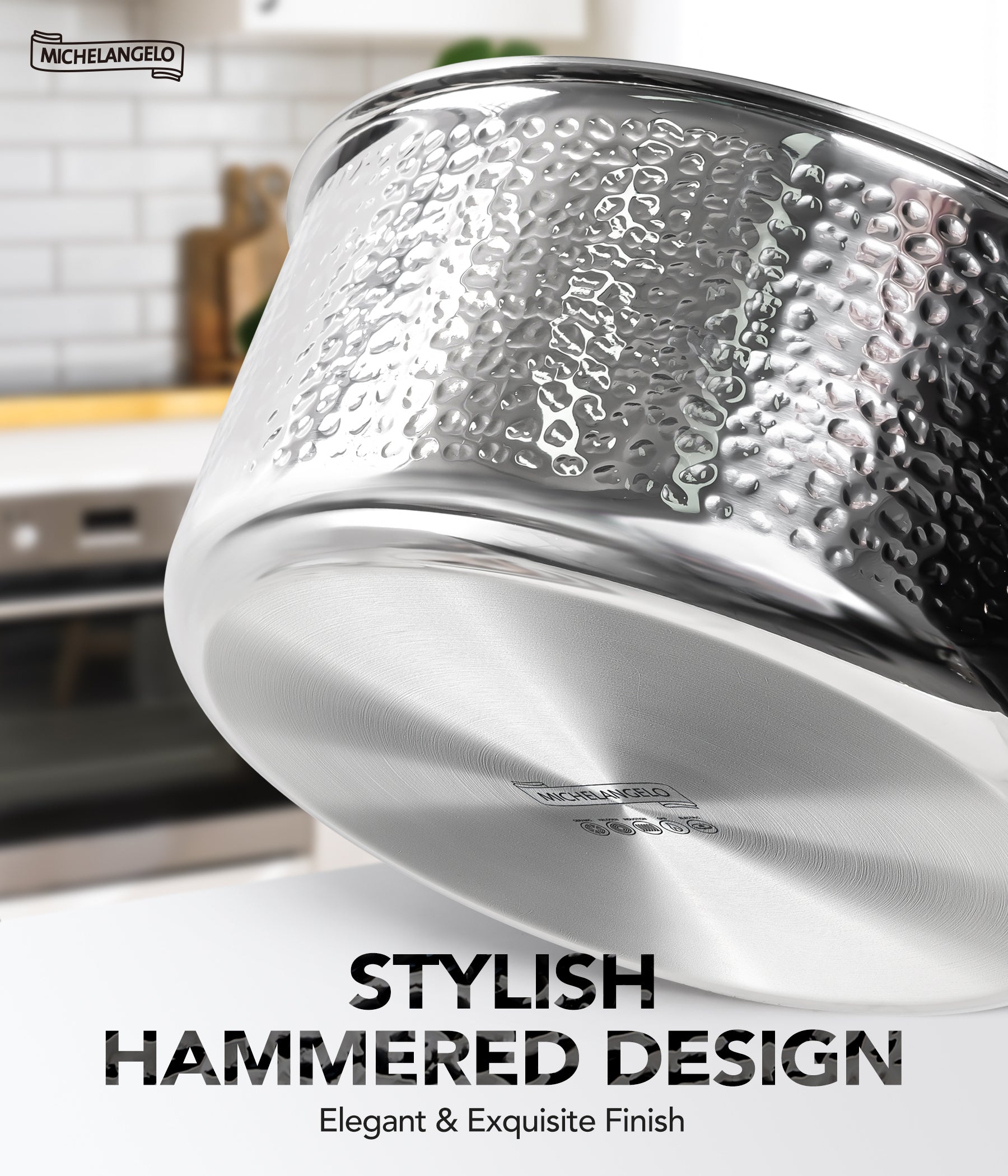 Michelangelo Triply Luxury Hammered Stainless Steel with Lid & Golden Handle Stockpot - 6QT