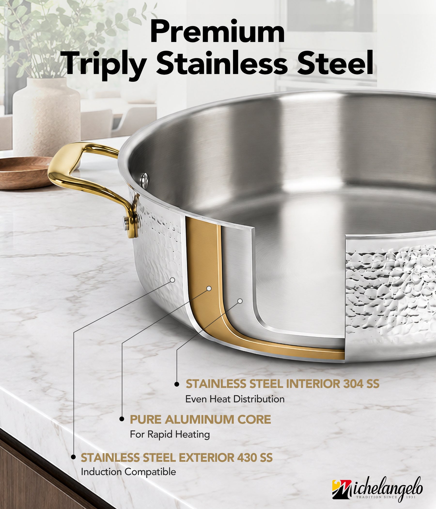 MICHELANGELO 12 Inch Triply Stainless Steel Saute Pan with Lid