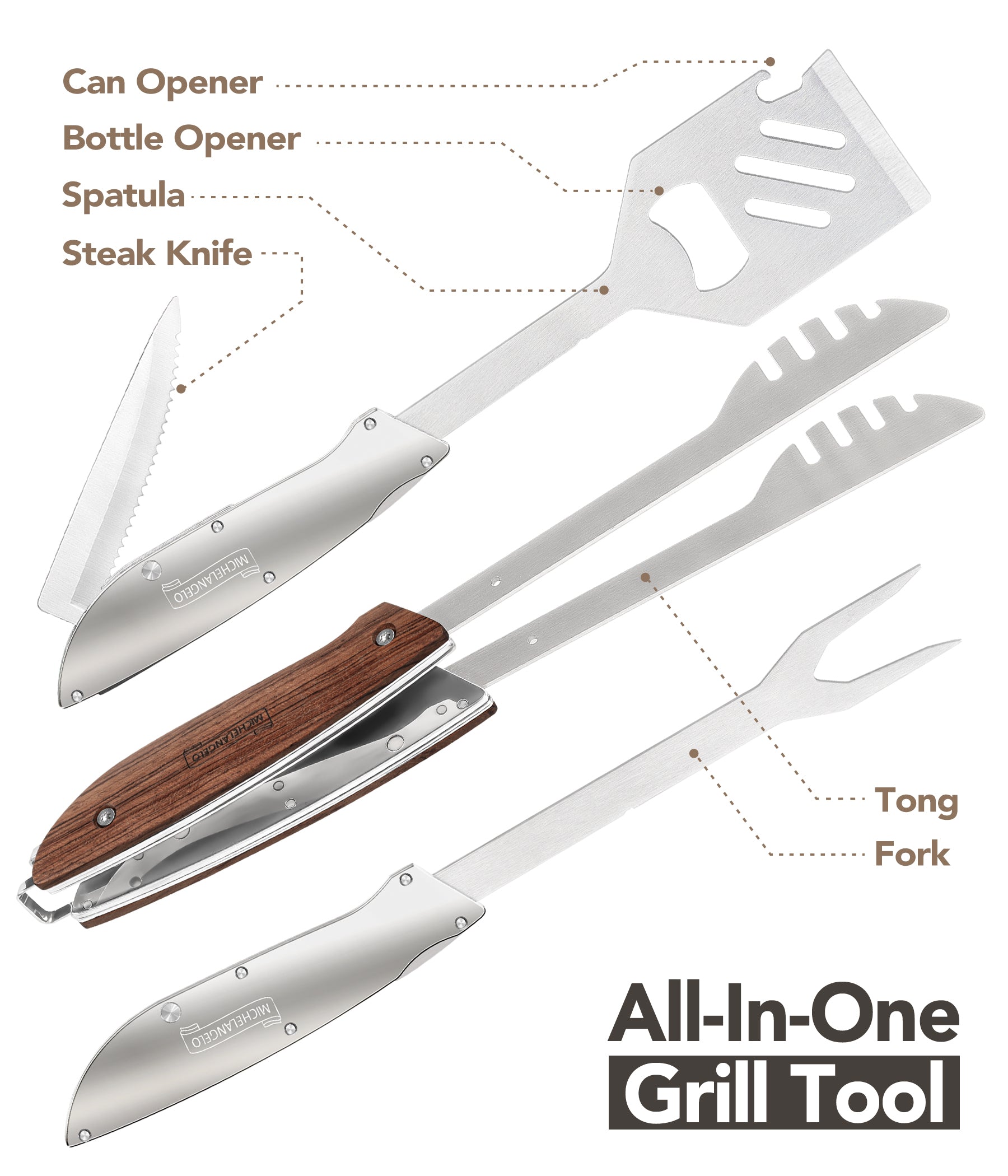 CHELANGELO 6 in 1 Grill Tools for Outdoor Grill with Spatula, Tong, Fork, Steak Knife, Bottle & Can Opener