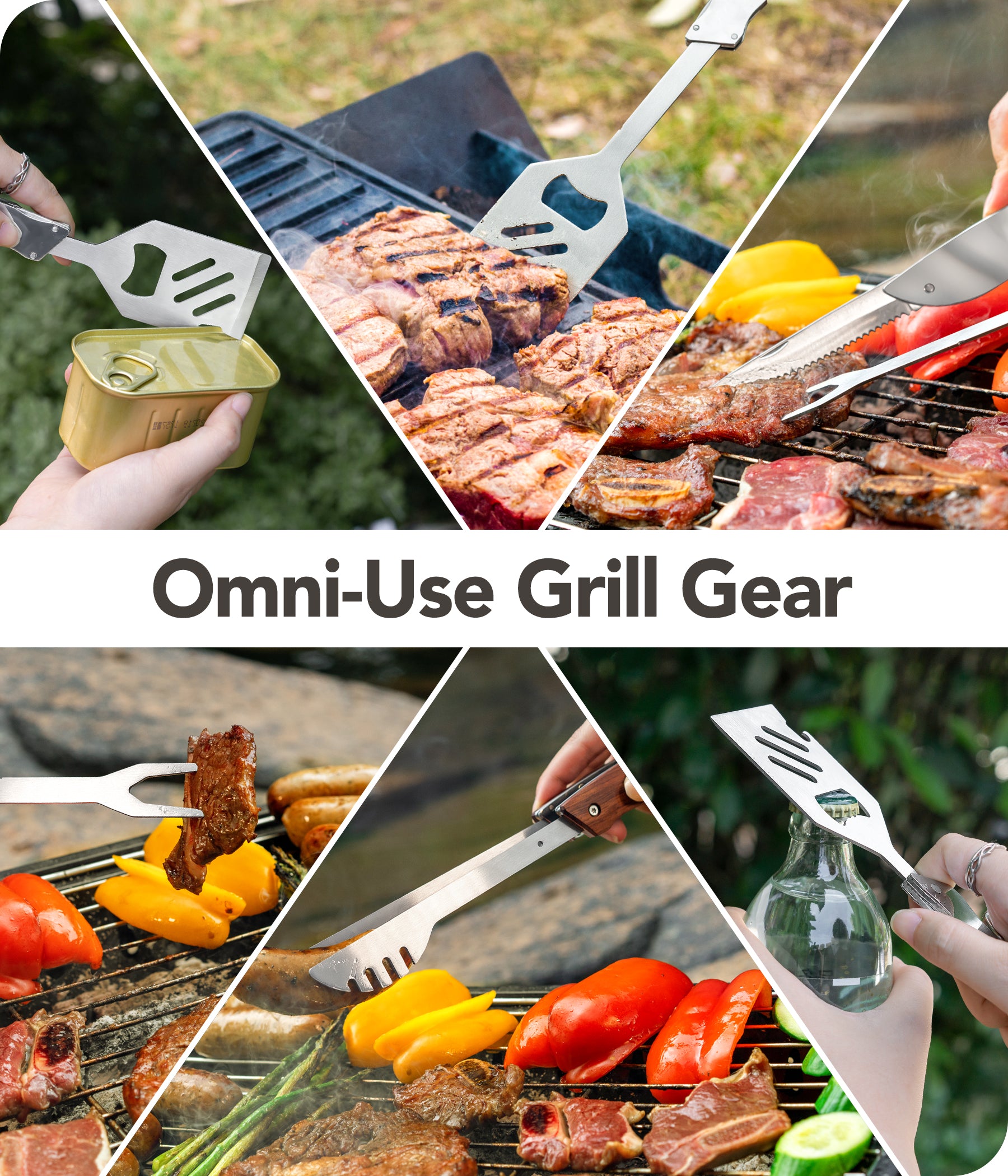 CHELANGELO 6 in 1 Grill Tools for Outdoor Grill with Spatula, Tong, Fork, Steak Knife, Bottle & Can Opener
