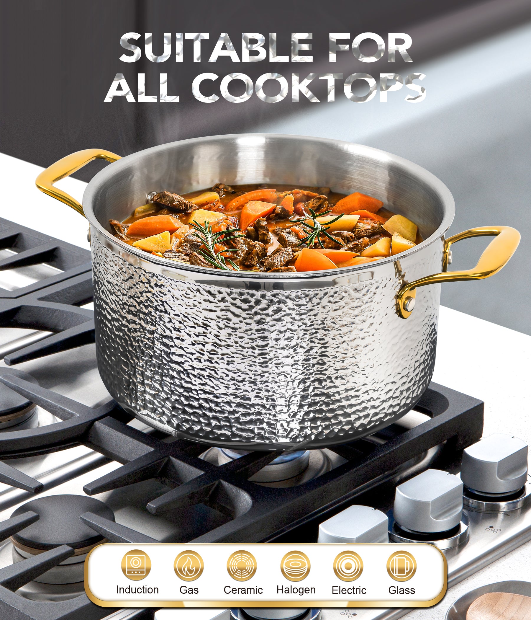 Michelangelo Triply Luxury Hammered Stainless Steel with Lid & Golden Handle Stockpot - 6QT
