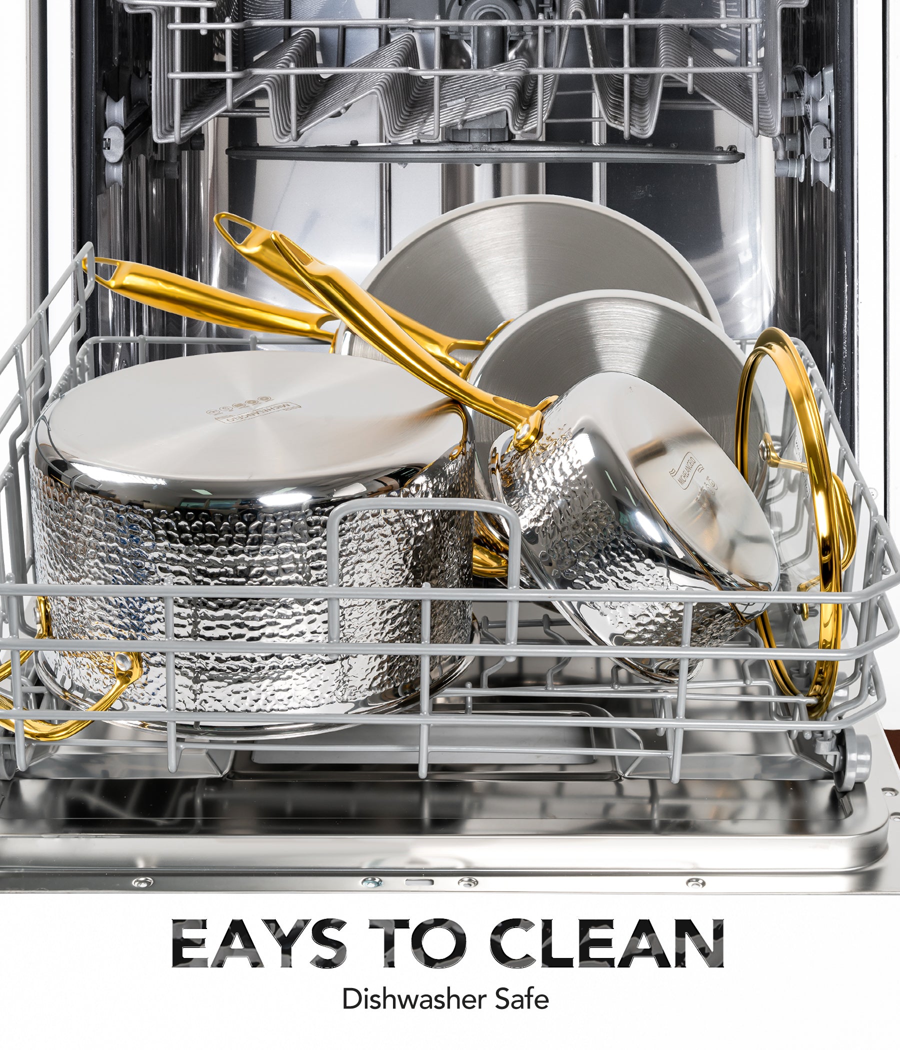 Michelangelo Hammered Triply Stainless Steel Pots and Pans Set,  10 Piece Cookware Set with Golden Handle