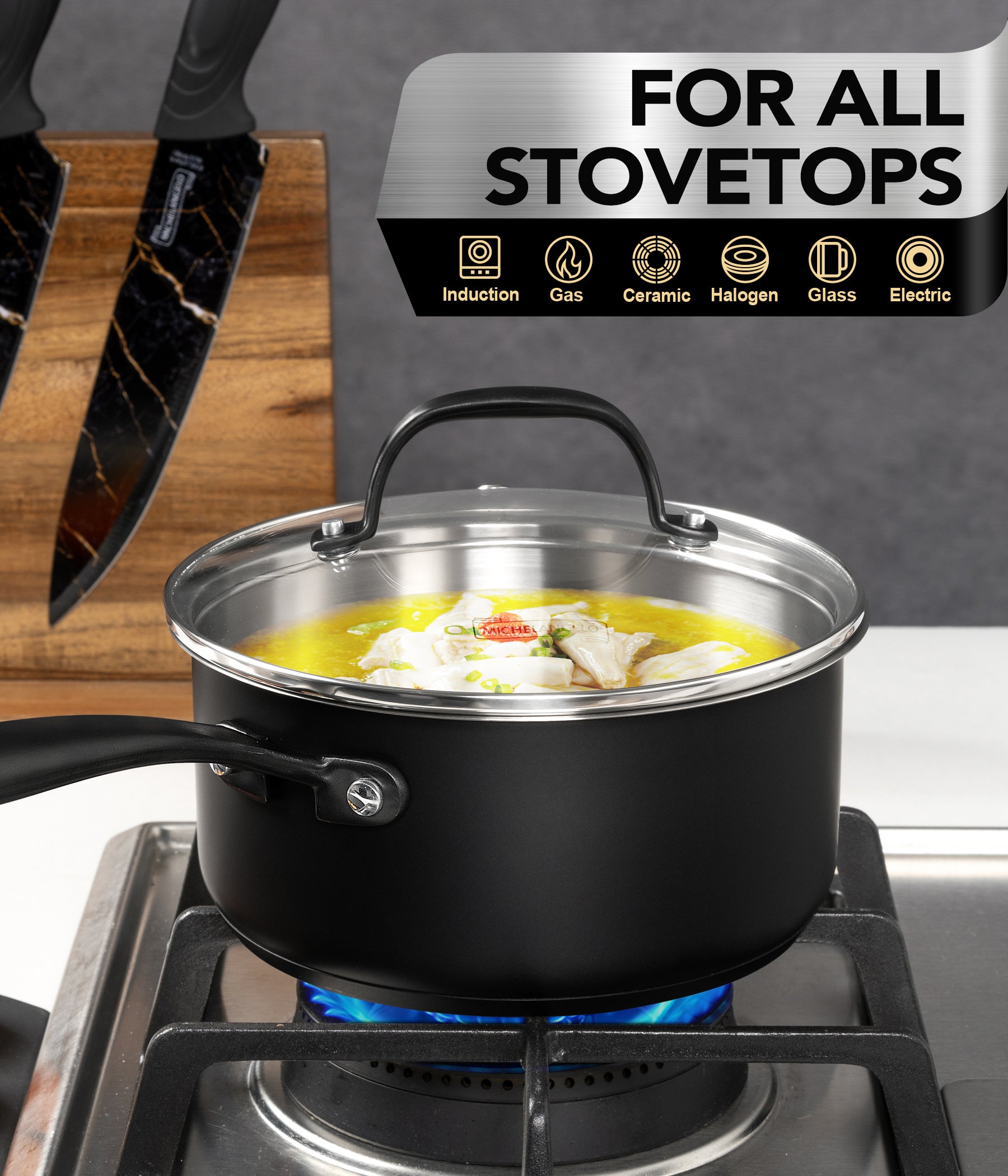 MICHELANGELO Stainless Steel Saucepan Set,Tiply-Base Sauce Pan with Lids-1QT & 2QT & 3QT