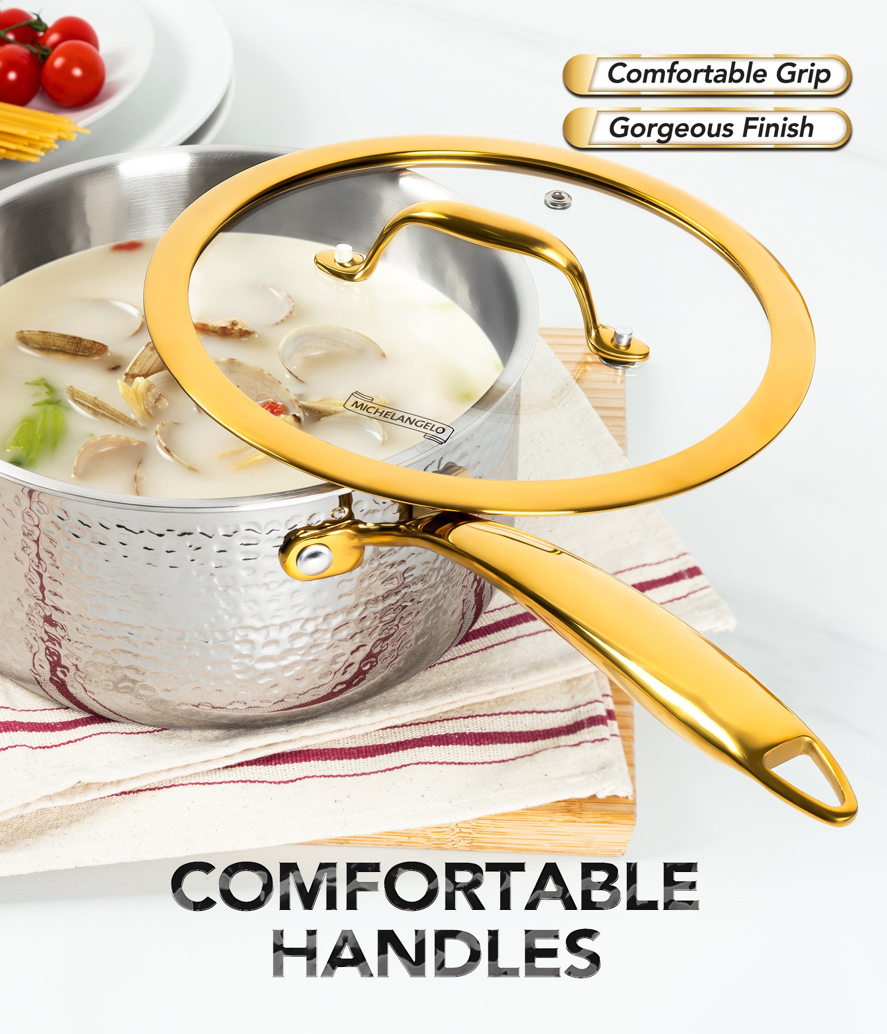 Michelangelo Hammered Triply Stainless Steel Pots and Pans Set,  10 Piece Cookware Set with Golden Handle