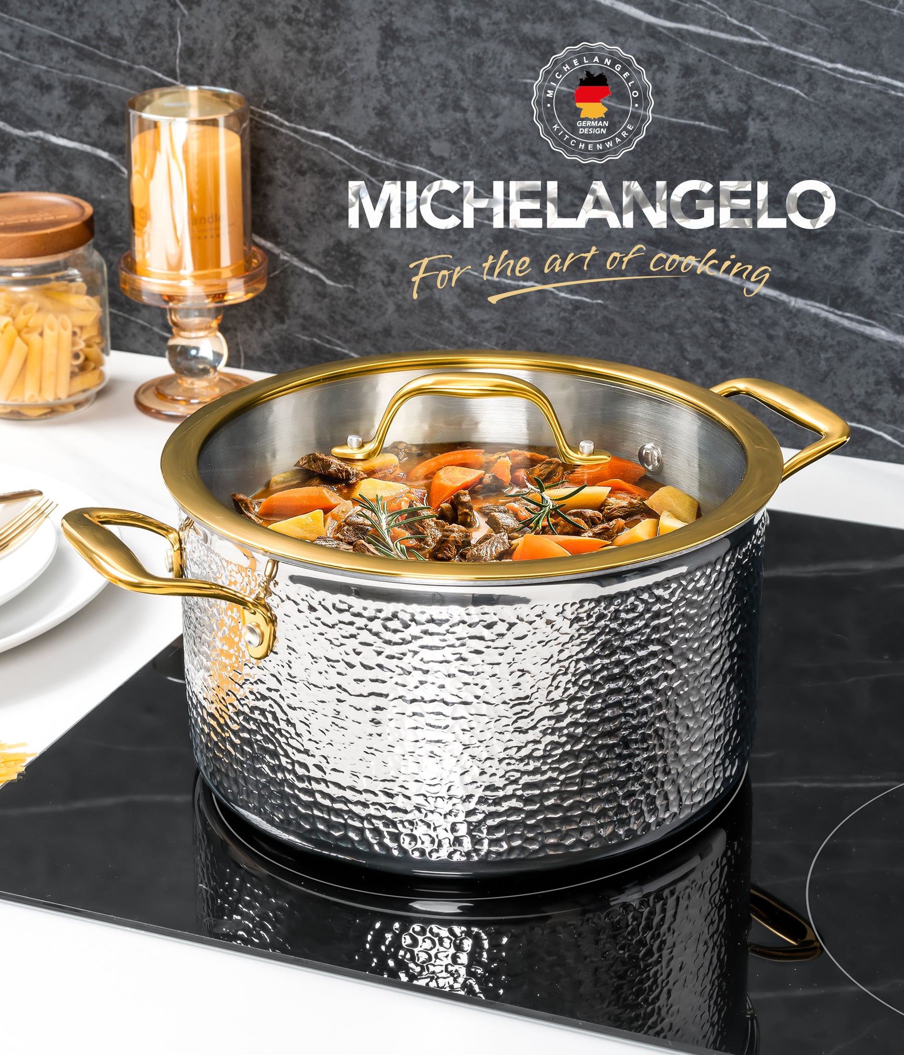 Michelangelo Triply Luxury Hammered Stainless Steel with Lid & Golden Handle Stockpot - 6QT