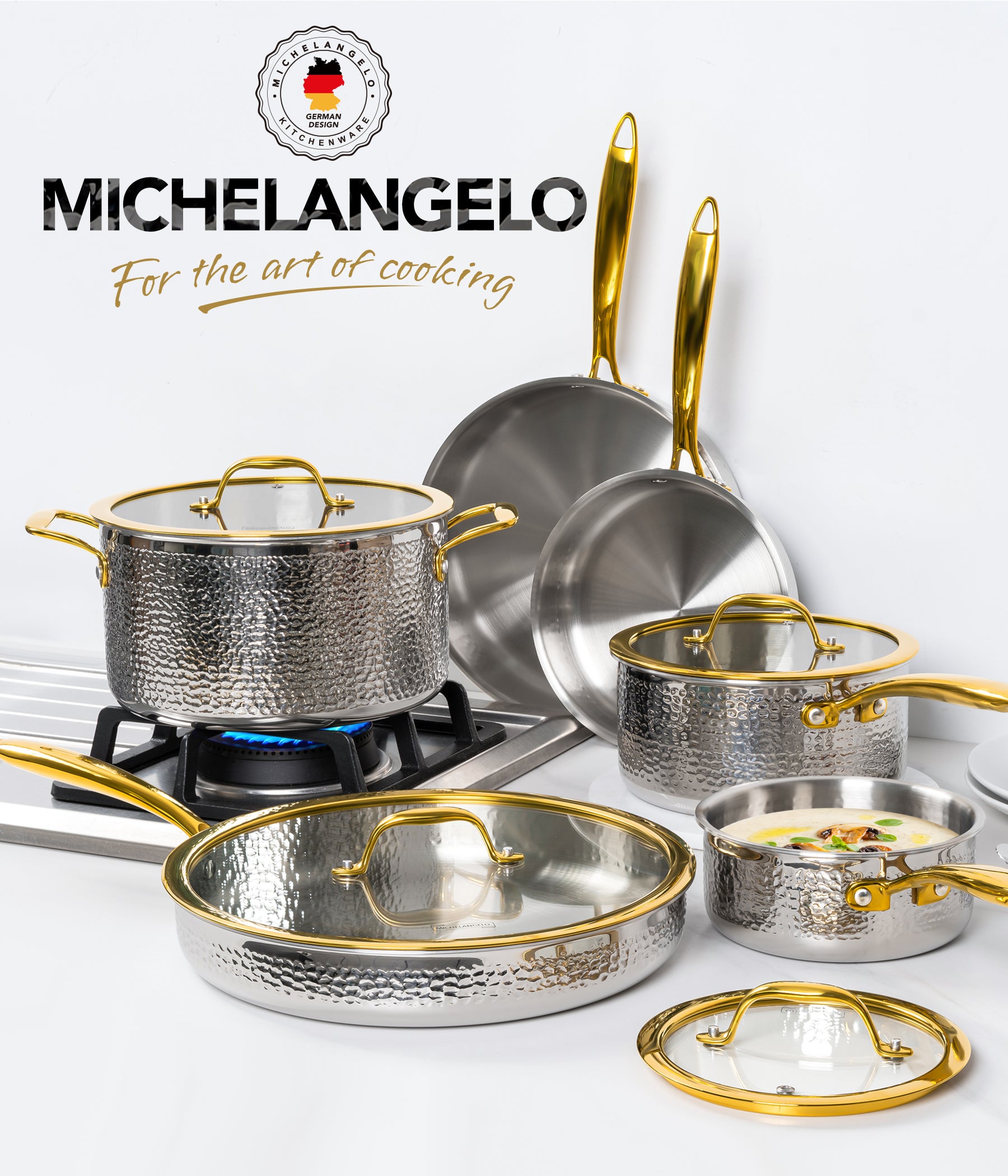 Michelangelo Hammered Triply Stainless Steel Pots and Pans Set,  10 Piece Cookware Set with Golden Handle