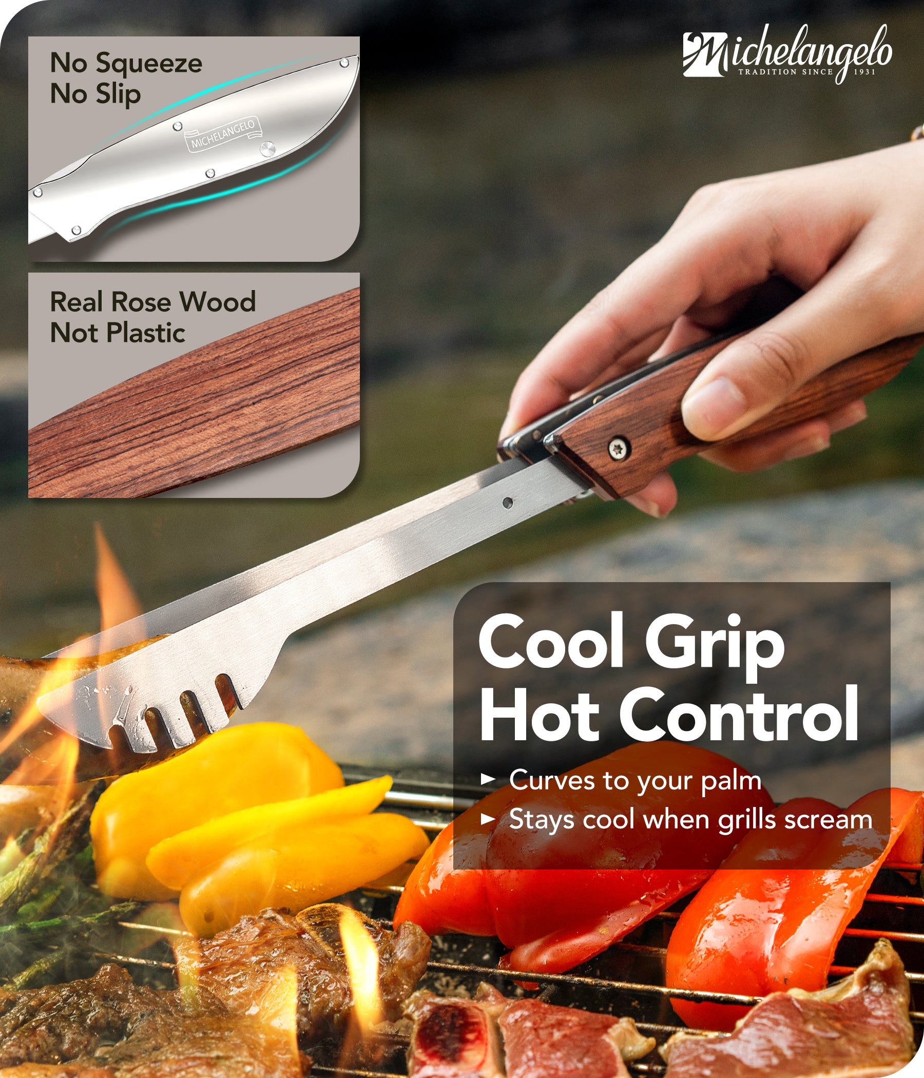 CHELANGELO 6 in 1 Grill Tools for Outdoor Grill with Spatula, Tong, Fork, Steak Knife, Bottle & Can Opener