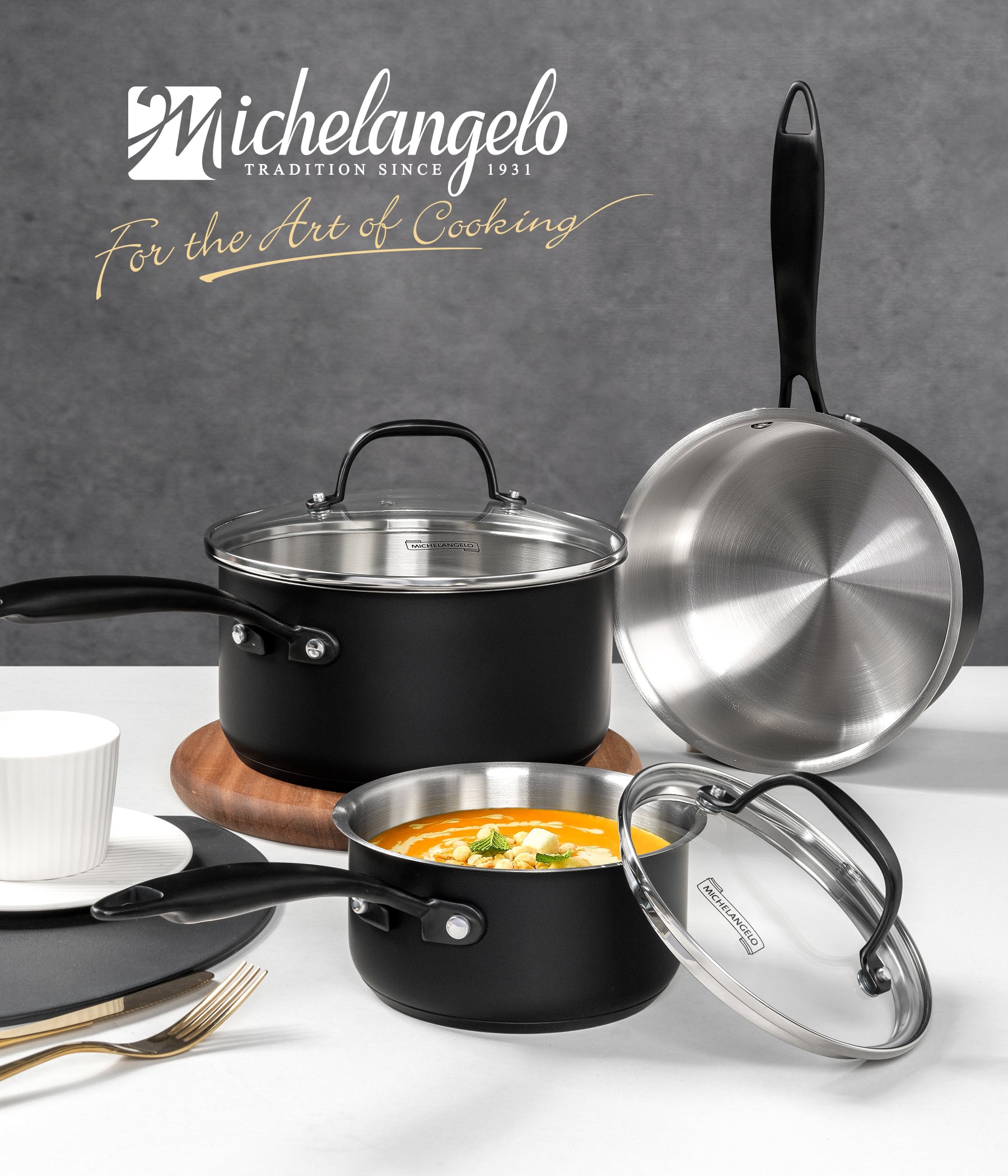 MICHELANGELO Stainless Steel Saucepan Set,Tiply-Base Sauce Pan with Lids-1QT & 2QT & 3QT