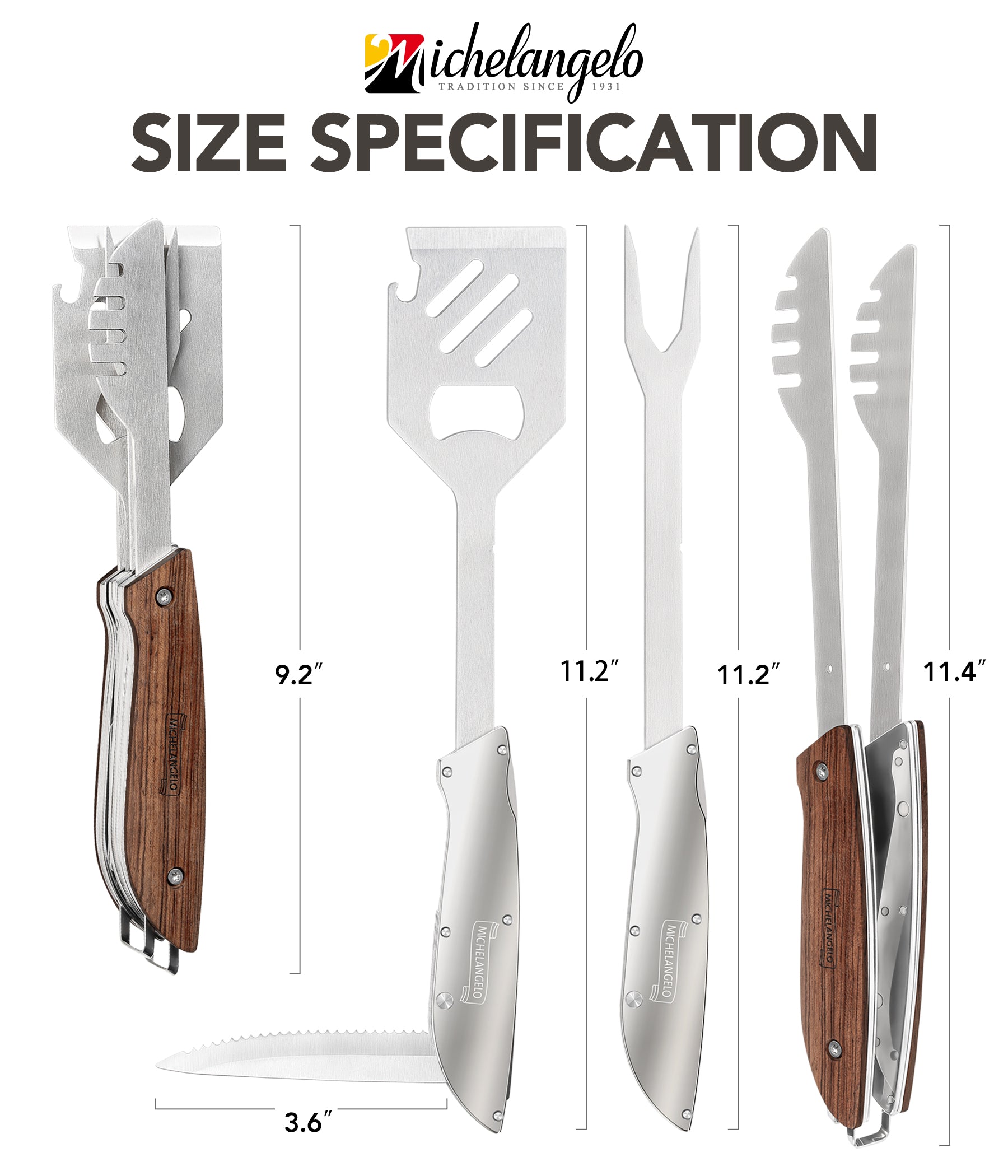 CHELANGELO 6 in 1 Grill Tools for Outdoor Grill with Spatula, Tong, Fork, Steak Knife, Bottle & Can Opener