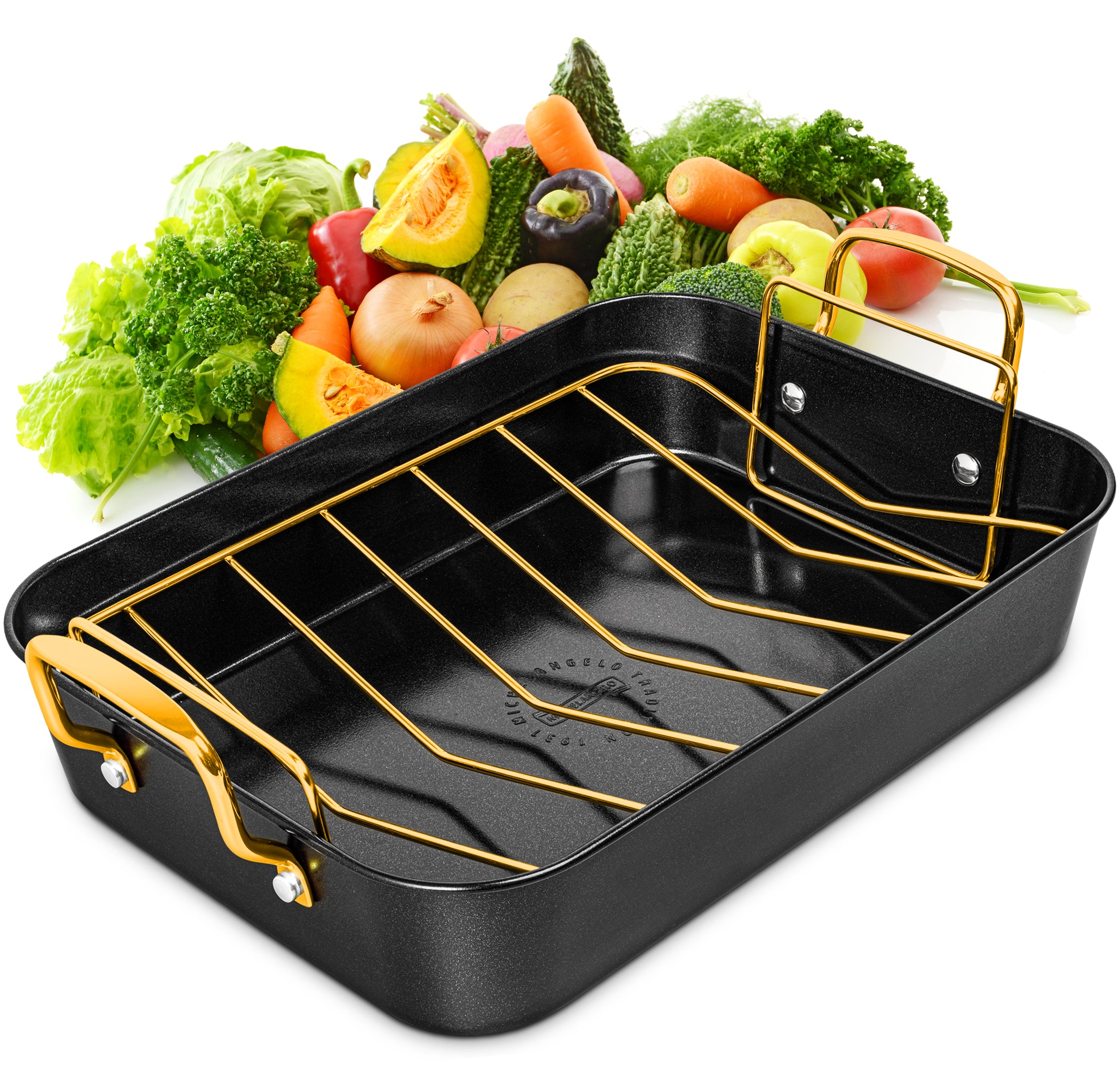 MICHELANGELO Roasting Pan with Rack  Carbon Steel Turkey Roasting Pan& Golden Handle,15 Inch x 11 Inch