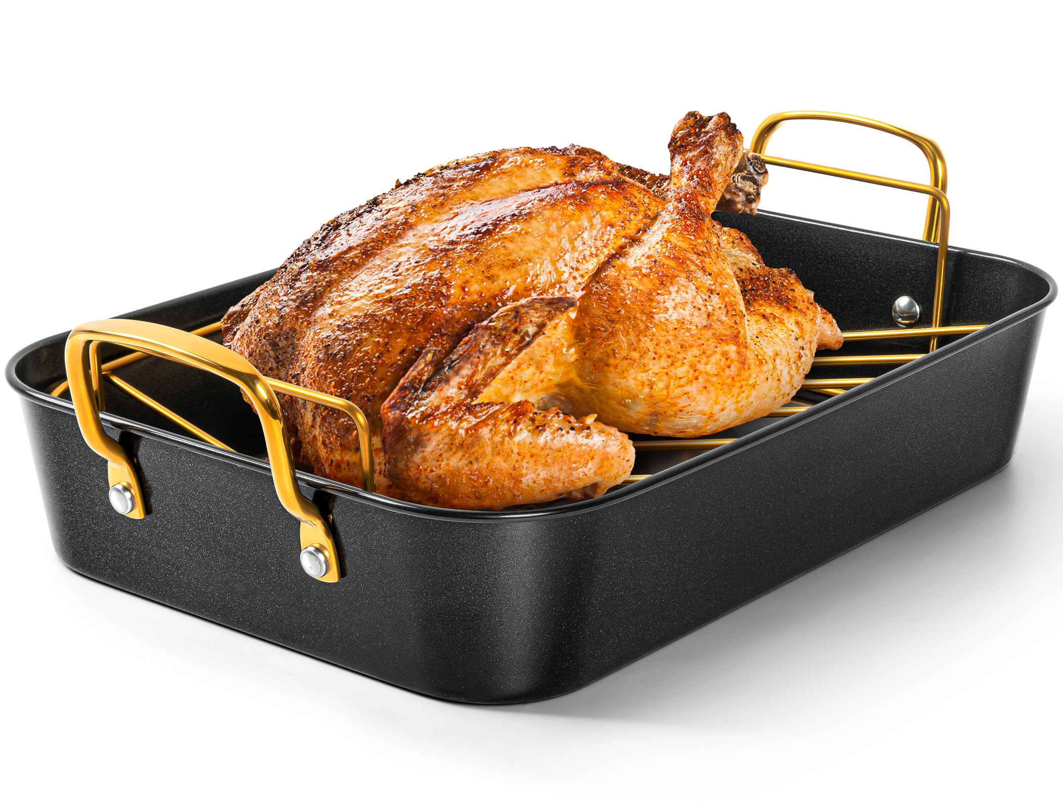 MICHELANGELO Roasting Pan with Rack  Carbon Steel Turkey Roasting Pan& Golden Handle,15 Inch x 11 Inch